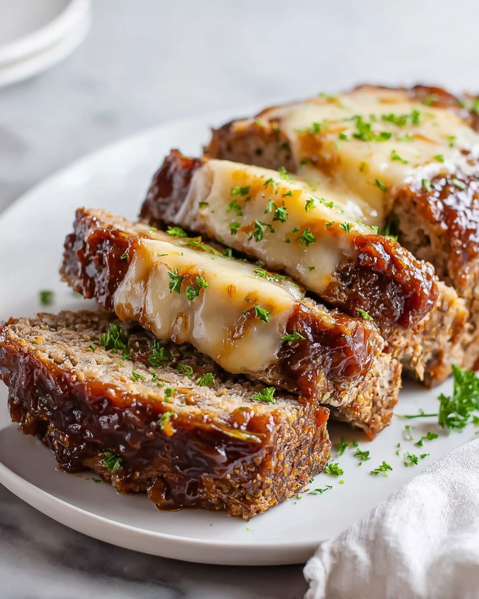 The image shows a meatloaf sliced into four thick pieces, placed on a white plate sitting on a white marbled surface. The meatloaf has a dark brown, sticky glaze covering the top and sides with a shiny texture. On top of each slice, there is a light brown melted cheese layer mixed with caramelized onions, adding a glossy finish. Small green parsley flakes are sprinkled over the cheese and meatloaf for color contrast. A white cloth napkin is partly visible to the right side. photo taken with an iphone --ar 4:5 --v 7