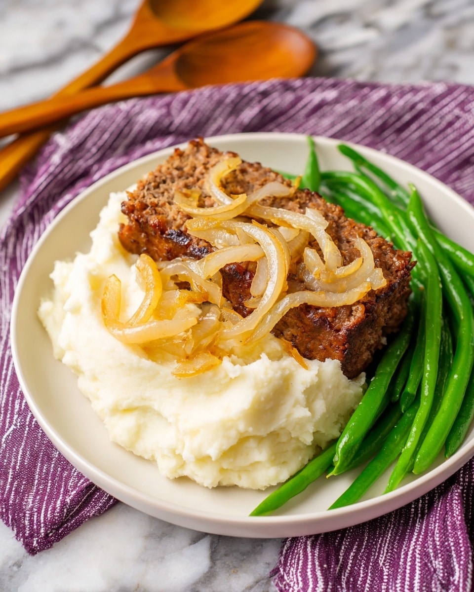 A white plate holds a serving of creamy mashed potatoes as the bottom layer, smooth and slightly textured with a pale off-white color, covering about half of the plate. On top and slightly to the left sits a rectangular slice of brown meatloaf with a rough texture, topped with thin, golden-brown cooked onions scattered unevenly, adding a slightly crispy look. To the right side of the plate, bright green cooked green beans form a neat pile with smooth, firm surfaces. The plate sits on a white marbled texture surface with a purple cloth with white stripes partially visible under the plate, along with two wooden spoons in the background. Photo taken with an iphone --ar 4:5 --v 7