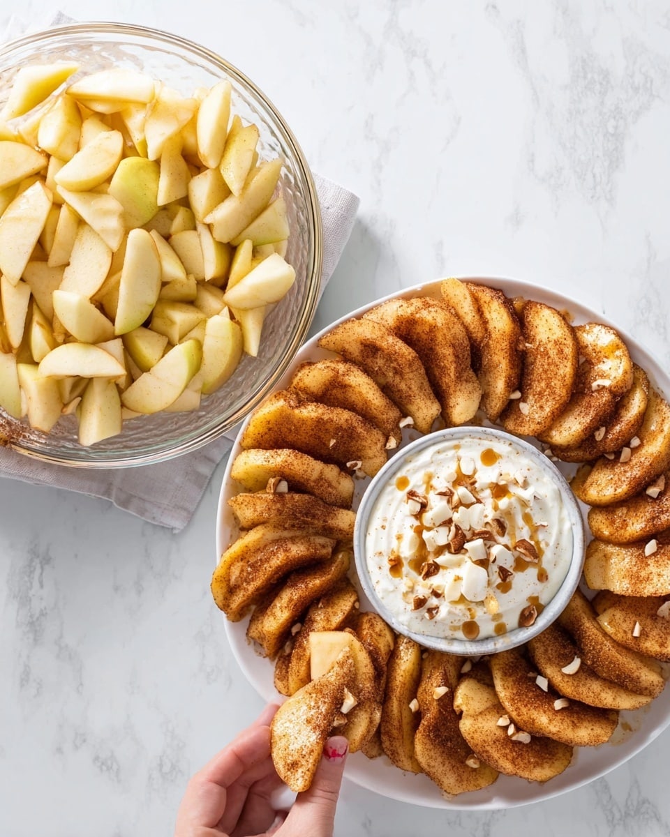 The image shows a white rectangular plate filled with golden-brown potato wedges piled in a slightly scattered way, each wedge having a crispy texture with a bit of roughness on the surface. On the right side of the plate, there is a small round white bowl filled with smooth, light brown dipping sauce that has a creamy texture with a swirled peak on top. The plate rests on a white marbled surface. photo taken with an iphone --ar 4:5 --v 7