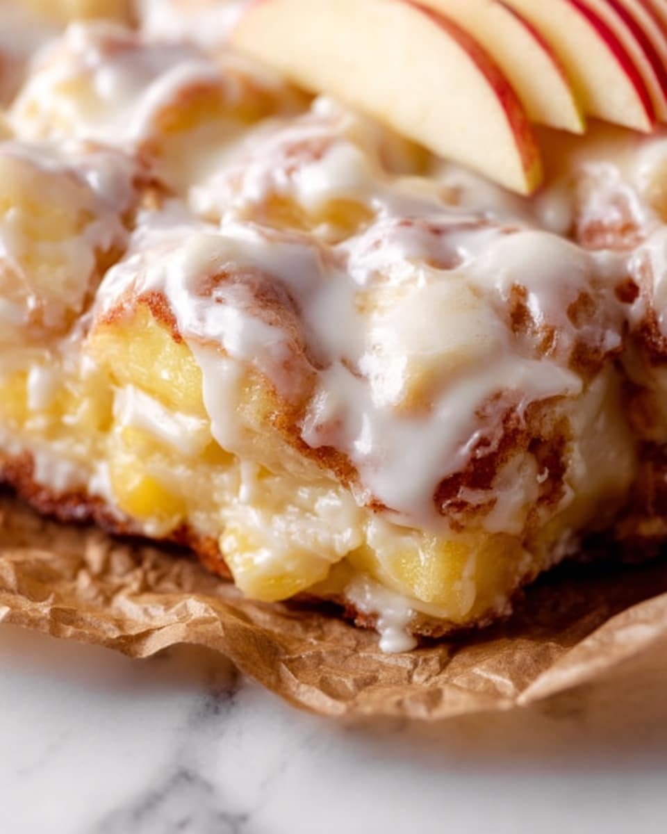 The image shows a close-up of a dessert with multiple layers. The base layer consists of small yellowish cake pieces that look soft and moist. These pieces are covered with a thick, creamy white glaze that coats the entire top in an uneven, shiny texture. Some parts of the glaze cling in thick patches, while others have a smooth, glossy finish. To the side, thin slices of red and pale yellow apple add a fresh, natural touch. The dessert rests on crinkled brown parchment paper, set on a white marbled surface. photo taken with an iphone --ar 4:5 --v 7