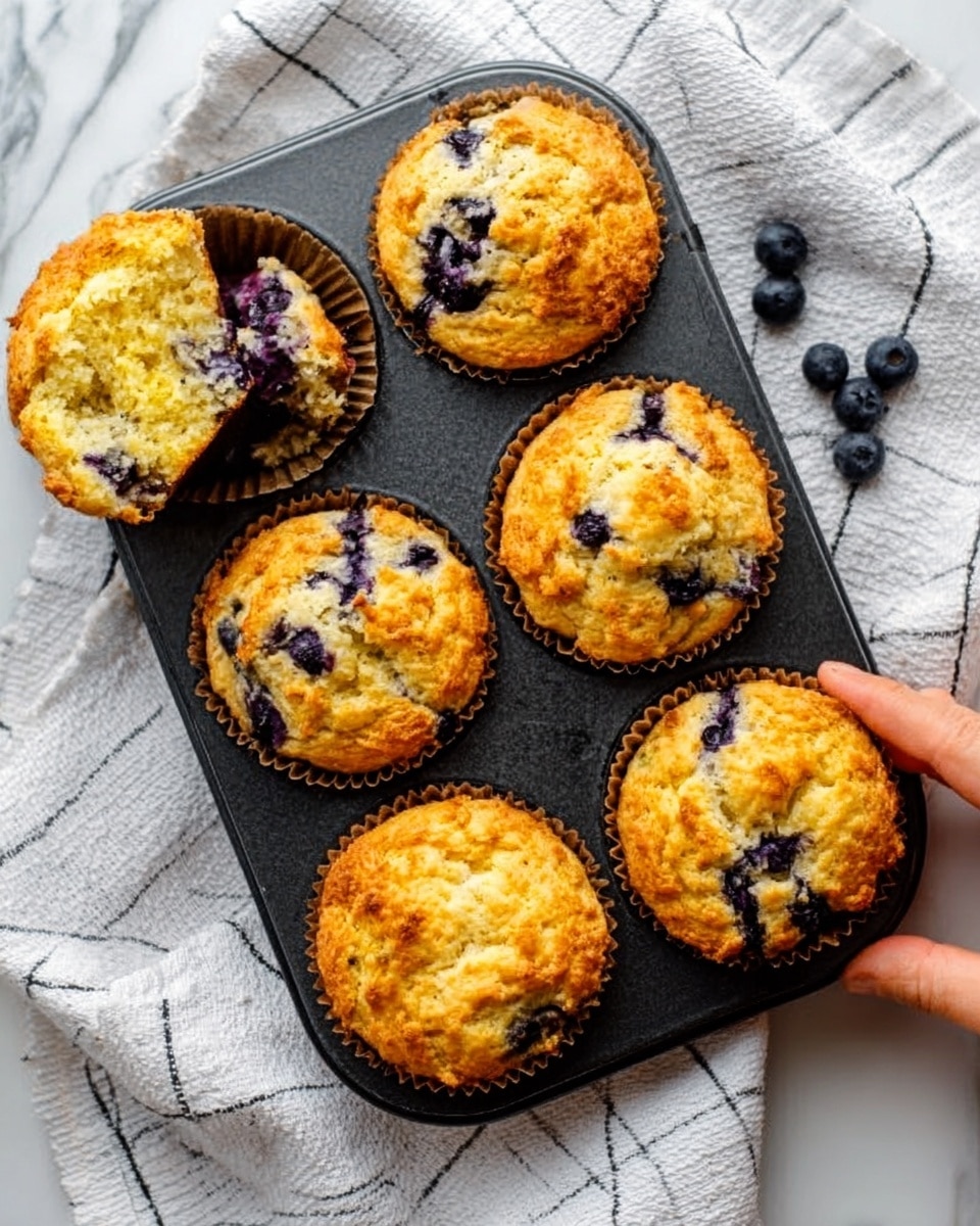The image shows a dark muffin tray filled with six golden-brown blueberry muffins, each muffin having a slightly rough and uneven top with visible juicy blueberries bursting through the golden crust. The muffins are in brown liners that fit snugly in the tray. One muffin is partially removed and crumbled slightly at the top, revealing a moist, light yellow inside dotted with blueberries. The tray sits on a white marbled surface with a white towel featuring a gray grid pattern beside it. A woman's hand is just touching the edge of the muffin tray. Photo taken with an iphone --ar 4:5 --v 7