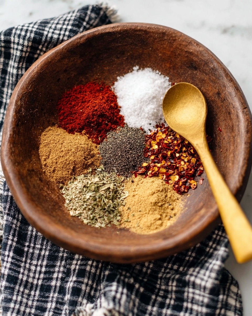A rustic brown bowl sits on a white marbled surface with a black and white checkered cloth beneath it. Inside the bowl, there are eight different piles of spices arranged in a circle, each with its own texture and color. Starting from the top left, there is a small mound of bright red powder, followed by coarse white salt, then ground black pepper with a rough texture. Below the pepper is light brown powder, smooth and fine. At the bottom right, a yellowish-brown powder forms another small heap. Moving leftward, there is a light green dry herb with small flakes, next to it vibrant red chili flakes with some seeds, and finally, a very light beige fine powder. A rustic wooden spoon with a yellowish tint is resting on the right side of the bowl. photo taken with an iphone --ar 4:5 --v 7