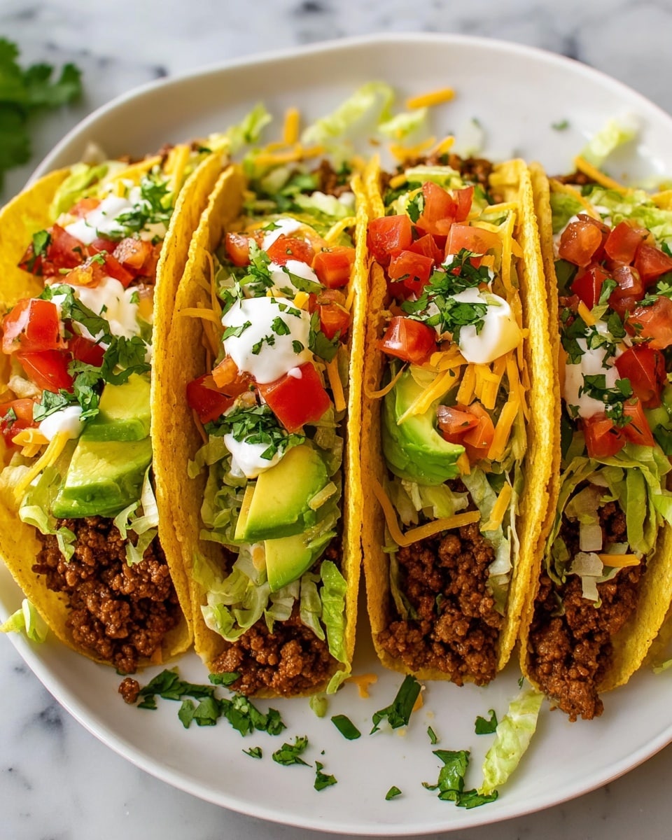 The image shows four hard shell tacos arranged side by side on a white plate placed on a white marbled surface. Each taco has a base layer of cooked ground meat with a brown, textured look. Above the meat, there is shredded light green lettuce, followed by chunks of bright red tomatoes and slices of green avocado. Layered over these are small amounts of shredded yellow cheese. The top layer consists of white sour cream dollops, generously sprinkled with finely chopped dark green cilantro. Some cilantro pieces are also scattered around the plate. Photo taken with an iphone --ar 4:5 --v 7