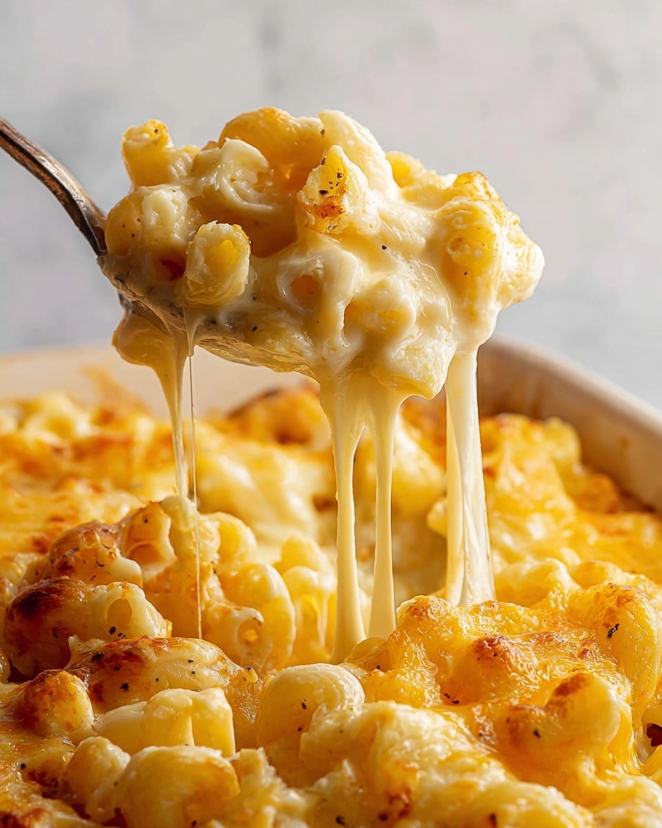 The image shows a close-up of a spoon lifting a serving of macaroni and cheese, with three visible layers. The bottom layer is a creamy, soft pasta that is golden-yellow and slightly browned in spots, showing a baked texture with smooth melted cheese. The middle layer, lifted by the spoon, is a thick, glossy cheese sauce covering curled elbow macaroni with a light yellow color and some black pepper specks. The top layer, which stretches from the spoon, is long, thin strands of melted cheese dripping down, bright yellow with a shiny, stretchy texture. The dish sits on a white marbled textured surface. photo taken with an iphone --ar 4:5 --v 7