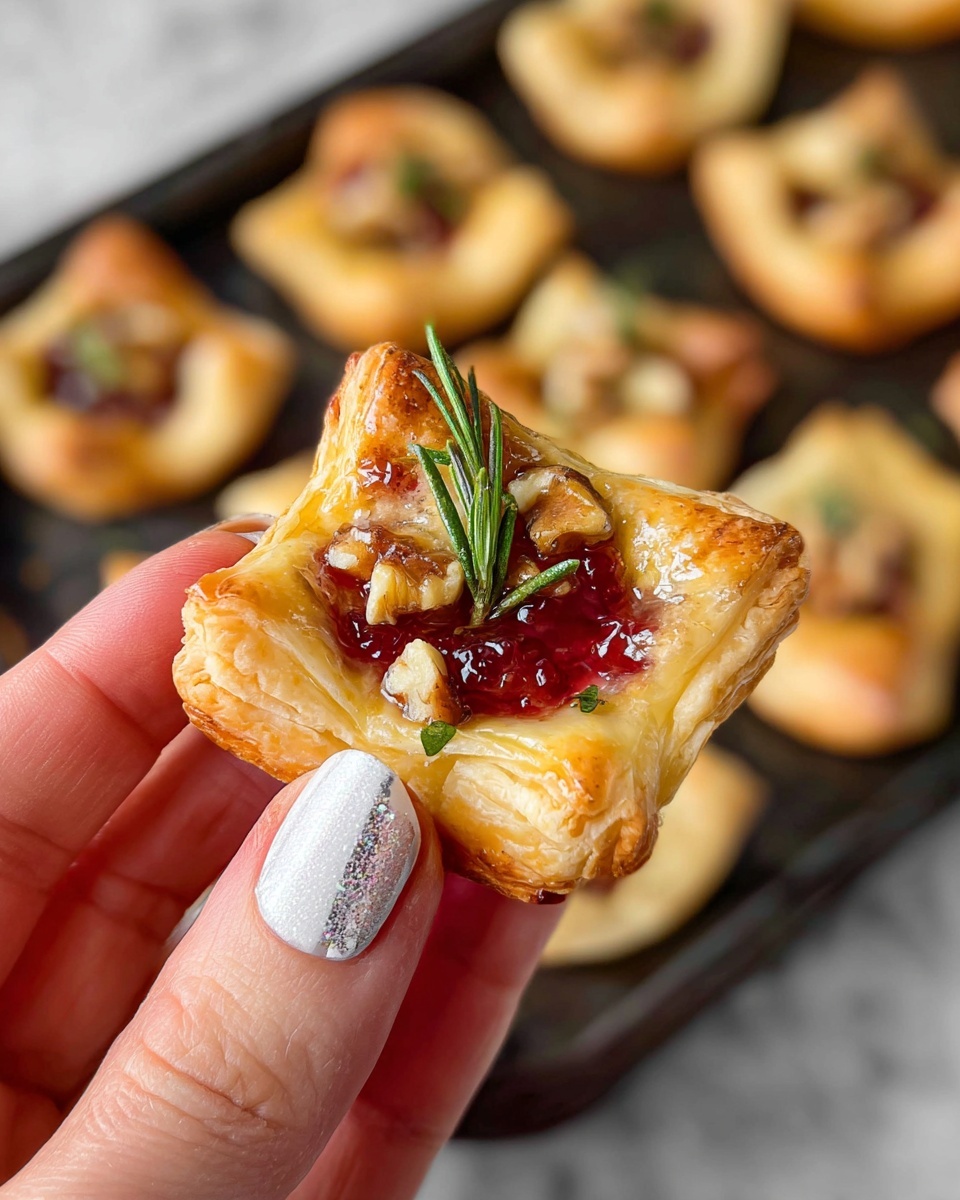 The image shows a tray filled with small square puff pastries, each with four golden-brown folded edges forming an open center. Inside the center, there is a deep red jam layer topped with small green rosemary sprigs and crushed light green nuts scattered over the jam and around the tray, which is placed on a white marbled surface. Each pastry appears light and fluffy with a slightly textured, crispy crust around the edges, glowing warmly under soft light. photo taken with an iphone --ar 4:5 --v 7
