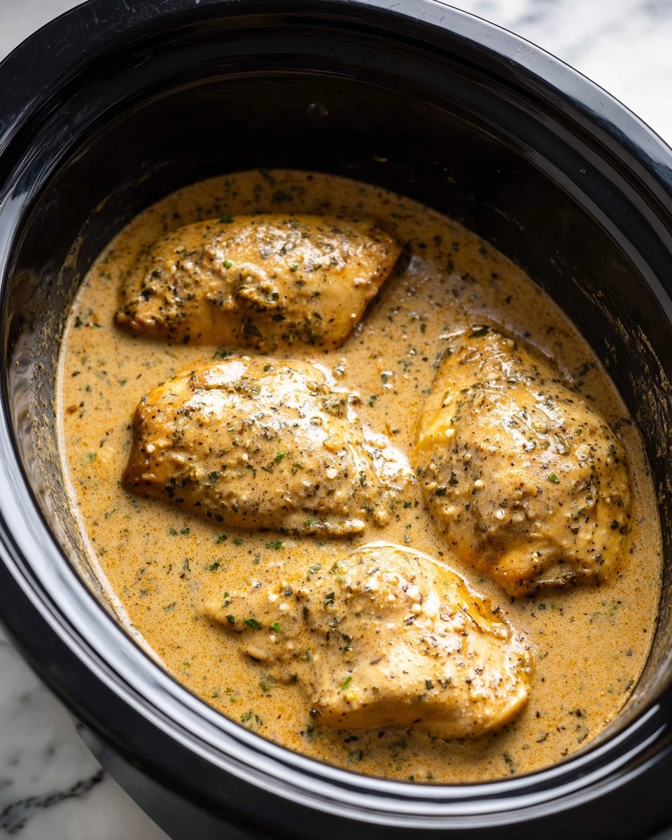 The image shows four large pieces of chicken submerged in a thick, creamy sauce inside a round black slow cooker. The sauce is light brown with visible black and green herbs sprinkled throughout, giving it a textured look. The chicken pieces are plump and have a slightly browned surface visible under the sauce. The slow cooker edges are shiny black and the background is a white marbled texture. photo taken with an iphone --ar 4:5 --v 7