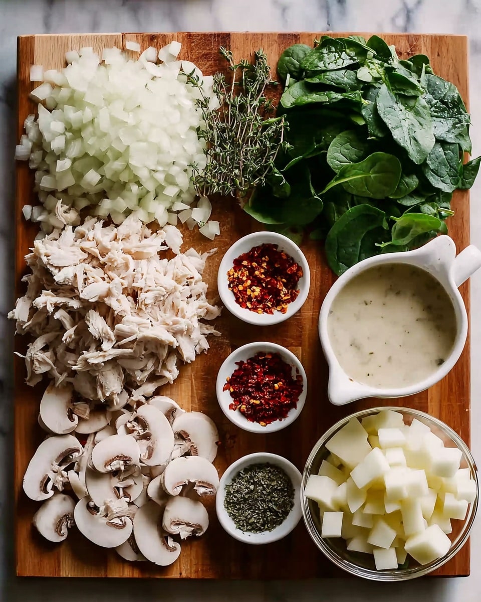 A wooden board with several chopped and prepared ingredients arranged neatly: a large pile of finely chopped white onions on the top left, shredded white cooked chicken pieces in the top center, dark green fresh spinach leaves on the top right, and a small bunch of thyme sprigs placed between the chicken and onions. Below the onions is a white ceramic jug filled with a creamy liquid. Sliced white mushrooms are spread from the bottom left corner toward the center. On the right side of the mushrooms are three small white bowls, one with red chili flakes, one with a red spice mix, and the other with dried green herbs. Near the spinach is a clear glass bowl filled with large white chopped potato cubes. The entire scene is set on a wooden board placed on a white marbled surface. Photo taken with an iphone --ar 4:5 --v 7