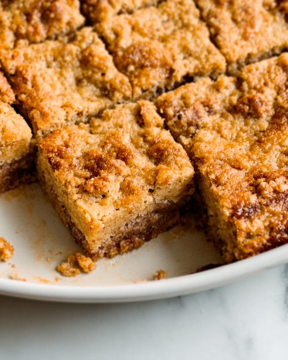 The image shows a close-up of a baked dish with a rough, crumbly golden brown top layer that looks slightly crunchy and textured with small bits inside. The dish is divided into square pieces, with one piece partially removed revealing a dense inside that is lighter brown and looks moist with bits of darker ingredients spread through it. The dish is on a white plate, placed on a white marbled surface. Photo taken with an iphone --ar 4:5 --v 7