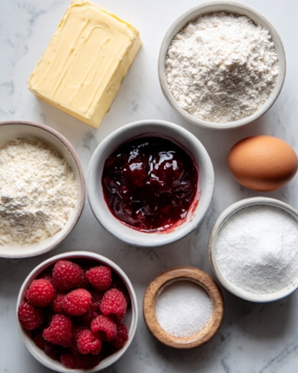 The image shows several ingredients placed on a white marbled surface. There is a block of pale yellow butter on the left side. Above it, two white bowls hold white flour and brown sugar respectively. In the center, a single brown egg is placed beside a small white bowl filled with red jam mixed with whole dark red berries. Near the bottom of the frame, fresh raspberries, a small bowl of white granulated sugar, and another small bowl filled with white powdered sugar are arranged. A wooden ring stands on the right side close to the jam bowl. The overall colors are soft and natural with an inviting homemade feel. photo taken with an iphone --ar 4:5 --v 7