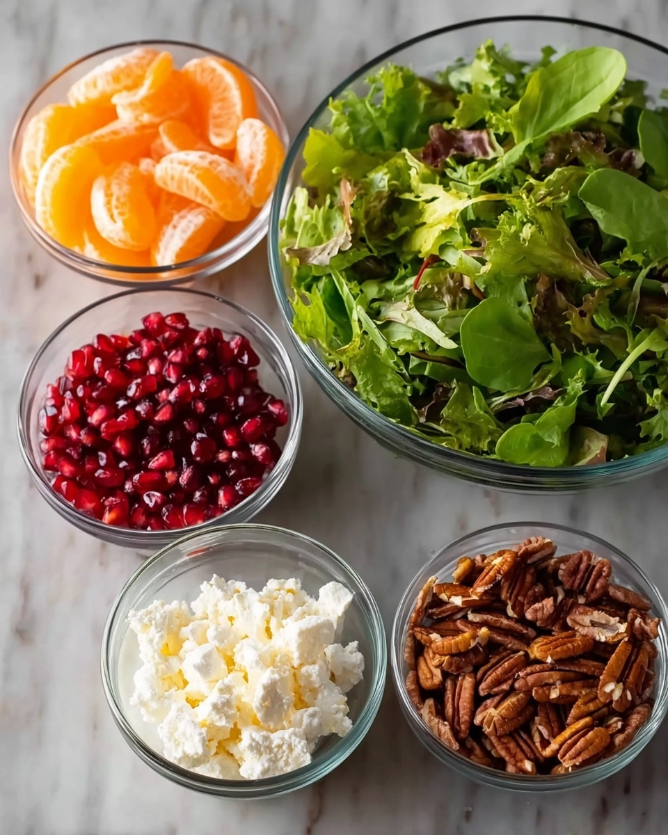 The image shows five clear glass bowls placed on a white marbled surface. The largest bowl at the top is filled with mixed green leaves with various shades of green and leafy textures. Below it, slightly to the left, is a bowl with bright orange tangerine segments, smooth and juicy-looking. To the right of the tangerines is a bowl of white, crumbly cheese with a soft texture. Below these two bowls, on the left, is a bowl filled with shiny, deep red pomegranate seeds, small and round. To the right of the pomegranate seeds is a bowl of chopped pecans with a dark brown, rough texture. Photo taken with an iphone --ar 4:5 --v 7