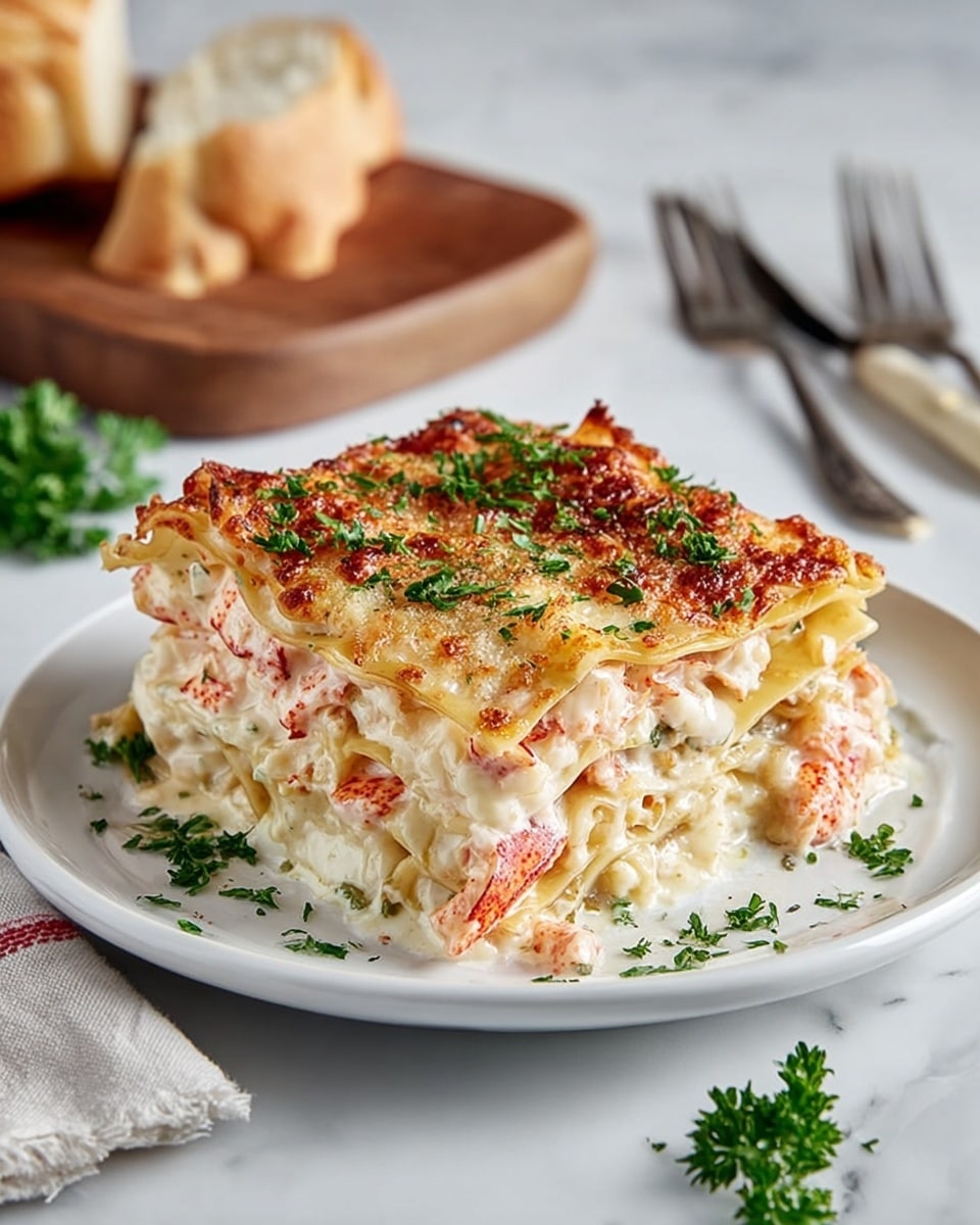 The image shows a white ceramic baking dish filled with a creamy layered casserole. The top layer is golden with melted cheese sprinkled with green herbs and black pepper. Below the surface, thick creamy white sauce covers layers of pasta sheets and visible chunks of pink shrimp mixed with sauce. A silver spatula lifts a square piece of the casserole from the bottom right side, revealing the thick, rich texture of the layers. The dish is set on a white marbled surface with a folded dark cloth napkin beside it. Photo taken with an iphone --ar 4:5 --v 7