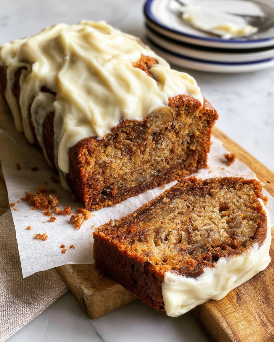 A close-up view of a loaf of brown banana bread with a thick, creamy off-white frosting spread unevenly on top and slightly melting down the sides. One slice is cut and placed on the side, showing the moist, textured interior with darker swirls and bits of banana inside. The loaf rests on brown parchment paper over a wooden board, with soft crumbs scattered nearby. In the background, a stack of white plates with blue rims sits on a white marbled surface. Photo taken with an iphone --ar 4:5 --v 7