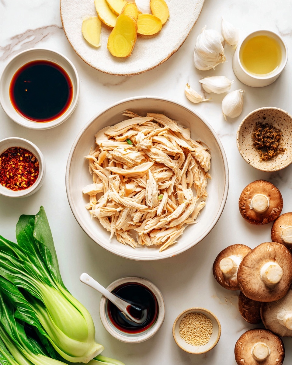 A white bowl filled with shredded light beige chicken pieces sits in the center on a white marbled surface. Around it are small white bowls containing dark soy sauce, a golden brown liquid, light beige sesame seeds, and a bowl with a dark chili oil sauce and a white spoon inside. There is also a white plate with sliced yellow ginger and three garlic cloves. Fresh green spring onions and green bok choy leaves with white stems lay to the right along with whole large light brown shiitake mushrooms. The overall scene is bright, clean, and organized with a variety of colors from light beige to dark brown and bright green. Photo taken with an iphone --ar 4:5 --v 7