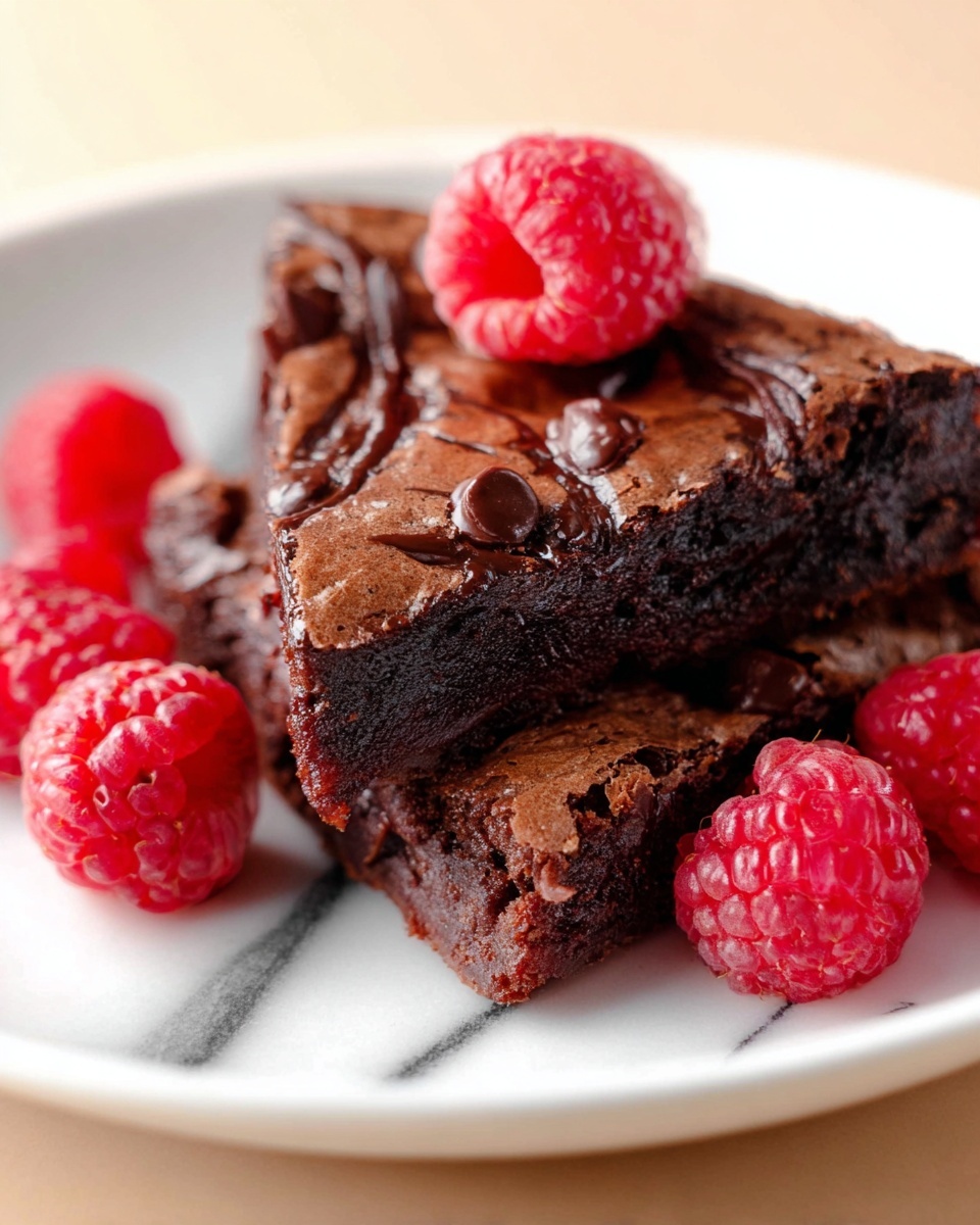 Two triangular pieces of dark brown chocolate brownie sit on a white plate with a white marbled texture under it. The brownie layers show a dense and moist interior with chocolate chips baked inside, and the top layer has a shiny, slightly cracked chocolate surface with darker chocolate swirls. Bright red raspberries with a soft, bumpy texture are placed on and around the brownies, adding a fresh color contrast. The image focuses closely on the dessert, giving a warm and inviting feel. Photo taken with an iphone --ar 4:5 --v 7