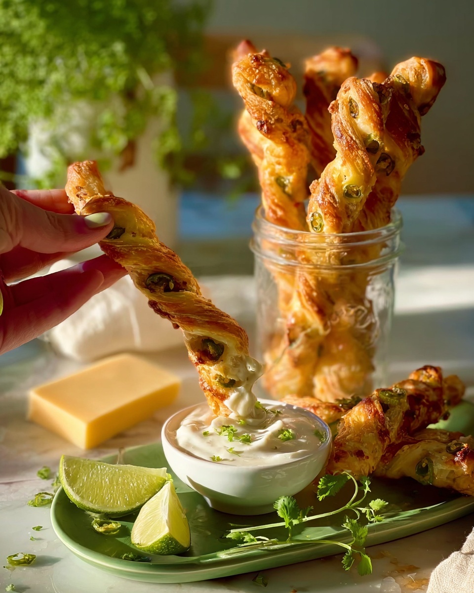 A close-up scene shows twisted cheesy bread sticks with a golden brown crust and pieces of green jalapeño on top. Several sticks stand upright inside a clear glass jar in the background while more are placed on a green oval plate in the foreground. One twisted bread stick is held by a woman’s hand, dipping into a small white bowl filled with creamy white sauce with green specks. There are lime wedges and a block of cheese placed casually around the plate. The setting includes fresh green herbs and a white marbled surface, with soft natural lighting casting gentle shadows. photo taken with an iphone --ar 4:5 --v 7