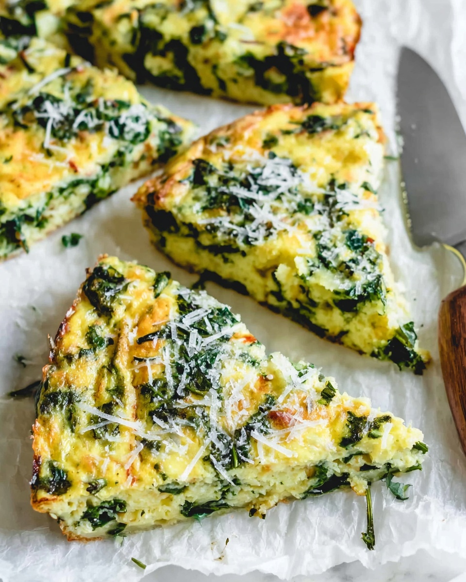 The image shows several triangular slices of a baked spinach and cheese frittata on white parchment paper. Each slice has a golden yellow top layer with melted cheese and scattered bright green spinach leaves throughout. The texture looks fluffy and slightly crispy on the edges. Some fine grated white cheese is sprinkled over the top, adding a light snowy effect. In the background, there is a wooden knife handle resting on the parchment paper. The whole scene is on a white marbled surface. photo taken with an iphone --ar 4:5 --v 7