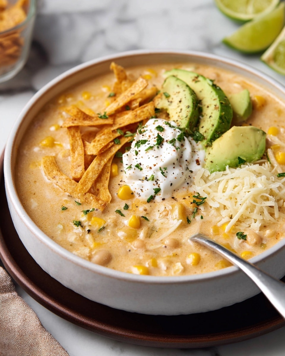 A white bowl filled with creamy beige soup has visible pieces of yellow corn and white beans within the thick texture. On top of the soup, there is a small pile of golden brown crunchy strips on the left side, bright green avocado slices near the front left, and a wedge of lime in the center. Slightly to the right is a small mound of shredded white cheese and a dollop of white sour cream sprinkled with black pepper and green herbs. The bowl sits on a dark brown plate, and a silver spoon leans into the soup from the front. The background is a white marbled texture with lime wedges blurred in the back. Photo taken with an iphone --ar 4:5 --v 7