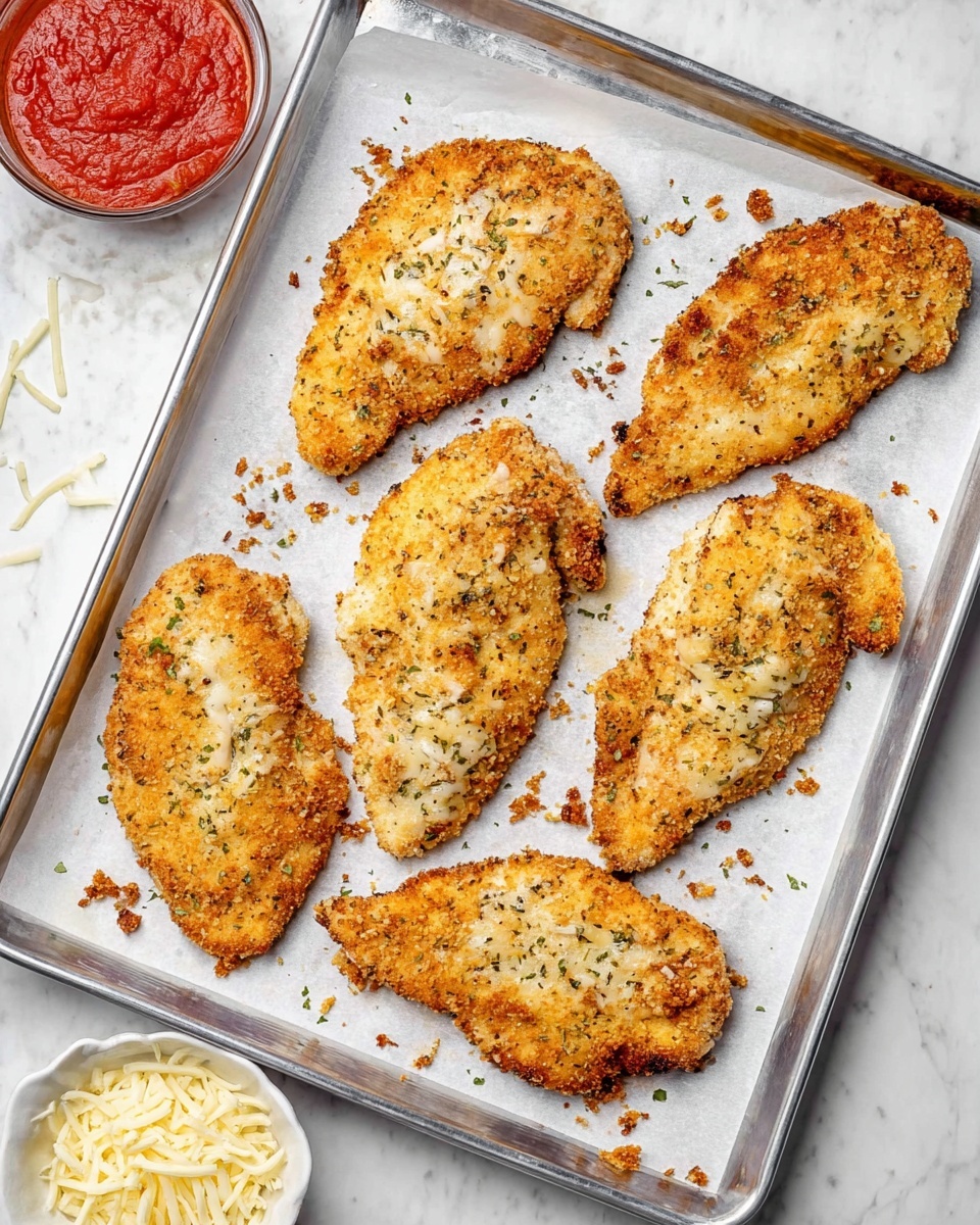 The image shows six pieces of breaded and baked chicken cutlets arranged on a silver baking tray lined with white parchment paper; the cutlets are golden brown with a crispy texture and sprinkled with herbs and seasoning, and some browned crumbs are scattered around them on the paper. The tray sits on a white marbled surface, with a small white bowl of shredded cheese visible at the bottom right corner and a larger white bowl of red tomato sauce in the top left corner. Photo taken with an iphone --ar 4:5 --v 7
