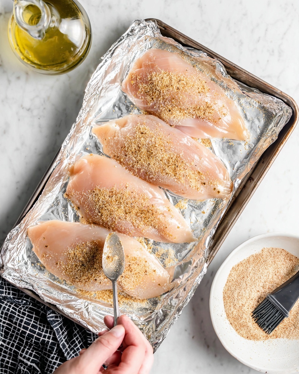 The image shows a metal baking tray lined with silver foil containing four raw chicken fillets placed side by side. The top two fillets have a layer of light brown seasoning sprinkled on them, and a woman's hand holding a spoon is spreading the seasoning on the third fillet from the top. The chicken fillets have a smooth, pale pink texture. Around the tray, there is a white bowl filled with more light brown seasoning powder on the right side, with a visible spoon mark in the powder. On the upper left corner, there is a clear glass bottle filled with a light yellow liquid, possibly oil. In the bottom left corner, part of a black-and-white checkered cloth is visible and on the right side, there is a black silicone brush with a silver handle resting on a white marbled surface. photo taken with an iphone --ar 4:5 --v 7