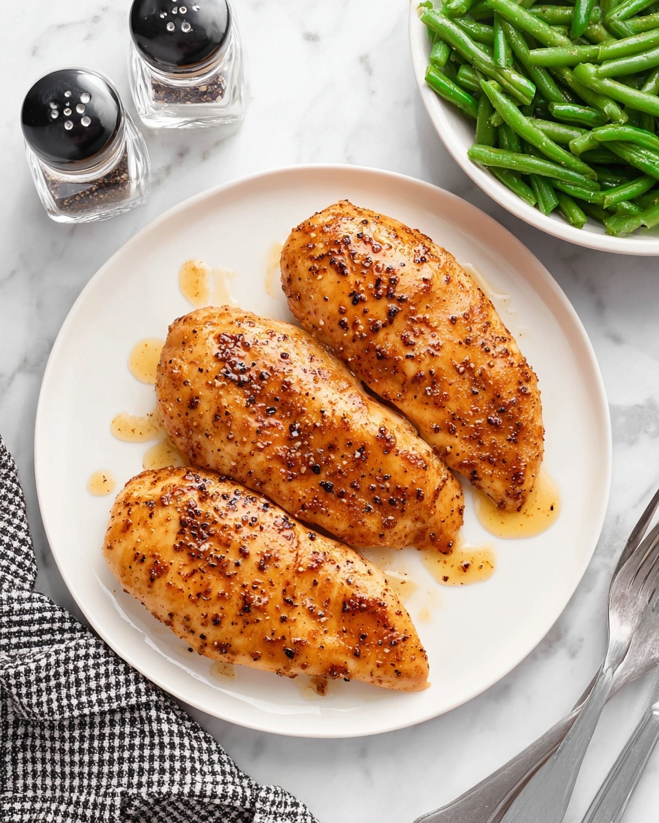 Three seasoned and cooked chicken fillets with a shiny, slightly oily glaze lie flat on a white round plate in the center of a white marbled surface. The fillets are a warm golden brown color with visible black pepper and spice specks scattered evenly over them. Some shiny sauce droplets surround the fillets on the plate. To the left, there is a white bowl filled with bright green cooked green beans. Nearby, two clear glass salt and pepper shakers with black tops stand side by side. A black and white checkered cloth rests on the bottom left corner, while two silver forks lie on the right side of the plate on the marbled surface. The scene is bright and clean. photo taken with an iphone --ar 4:5 --v 7