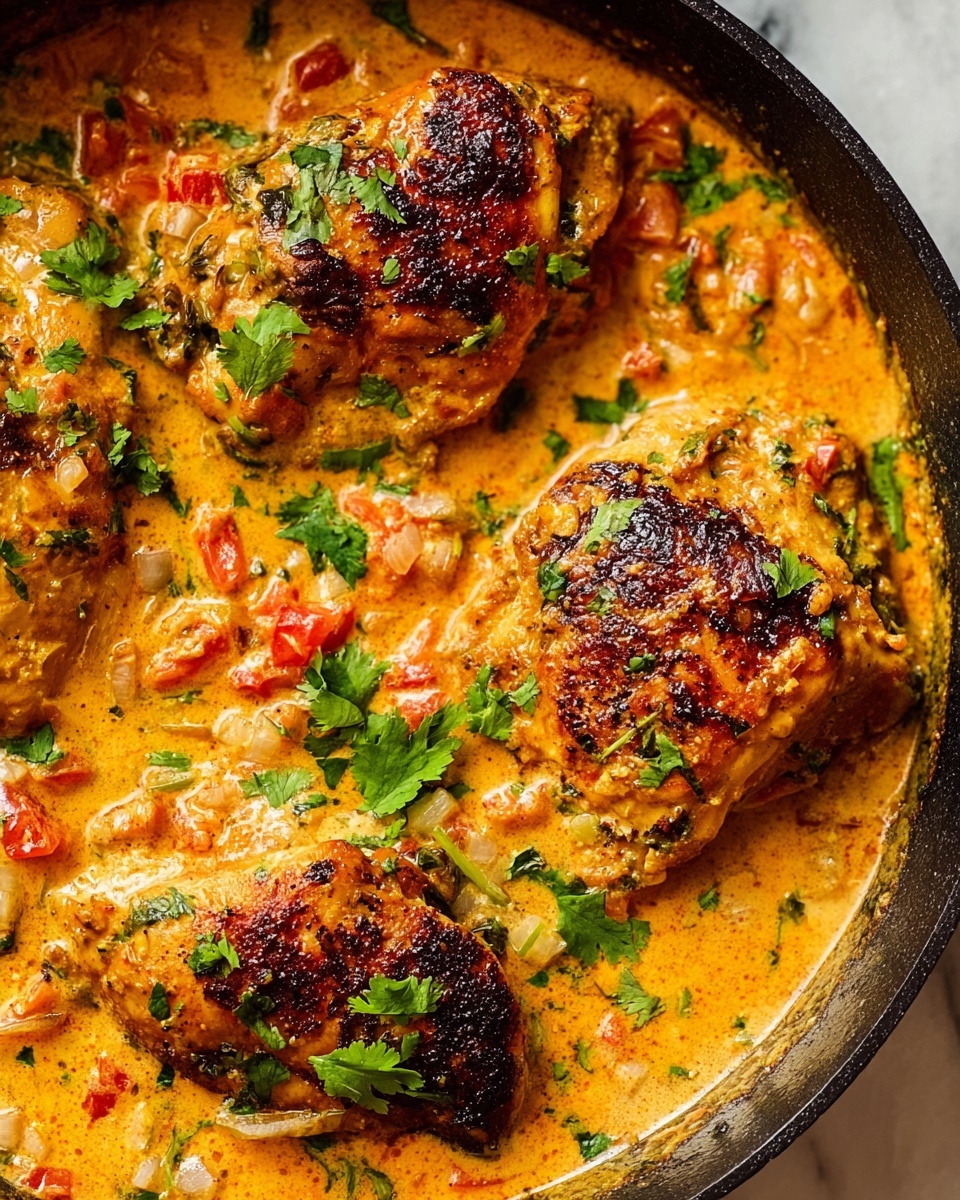 The image shows a close-up of a cooked dish in a black pan, with four well-cooked pieces of chicken covered in a creamy orange sauce. The sauce is rich with small chopped red tomatoes, white onion pieces, and green herbs sprinkled on top. Some chicken pieces have a slightly charred, dark brown crust, adding texture contrast. Fresh green coriander leaves are placed randomly on top and around the chicken for color and freshness, all sitting in a thick, creamy sauce with visible chunks of vegetables. The pan is on a white marbled surface. photo taken with an iphone --ar 4:5 --v 7