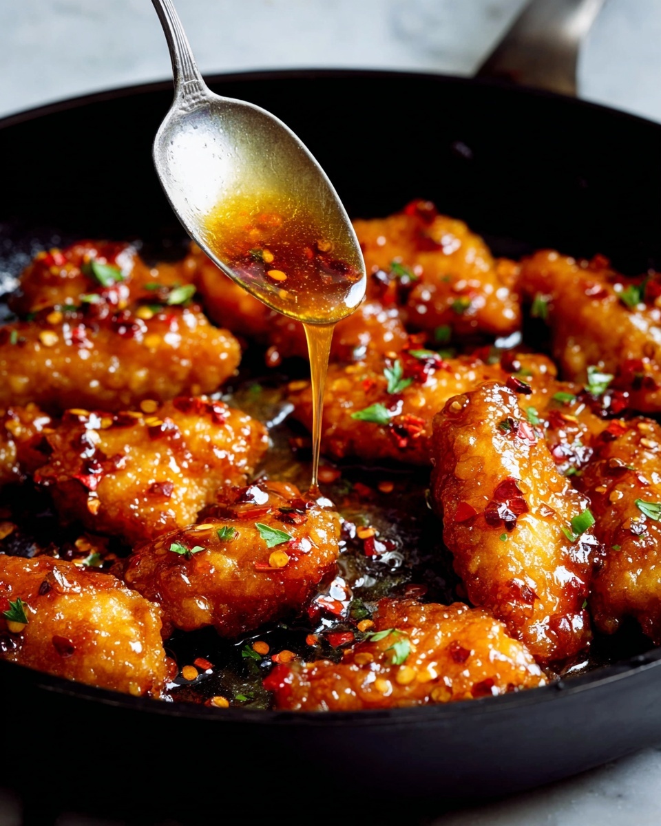 A close-up view of a black pan filled with golden-brown fried pieces coated in a shiny, sticky sauce. The pieces are richly glistening with a thick layer of sauce that has red chili flakes and small green herb bits sprinkled on top. In the foreground, a silver spoon is pouring a thick amber sauce over one piece, adding extra shine. The surface under the pan is white marbled. photo taken with an iphone --ar 4:5 --v 7