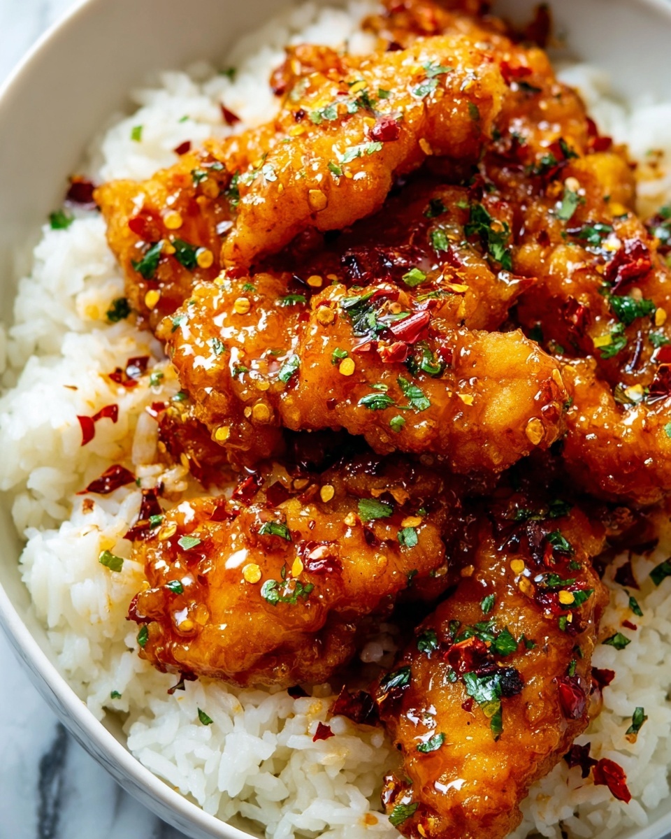 A close-up view of a white bowl filled with white rice as the base layer, topped with several pieces of crispy golden-brown fried chicken coated in a shiny, sticky, reddish-orange sauce. The chicken pieces are sprinkled with small green herb bits and red chili flakes, adding texture and color contrast. The glossy sauce drips slightly over the rice, making it look flavorful and rich. The bowl is placed on a white marbled surface. photo taken with an iphone --ar 4:5 --v 7