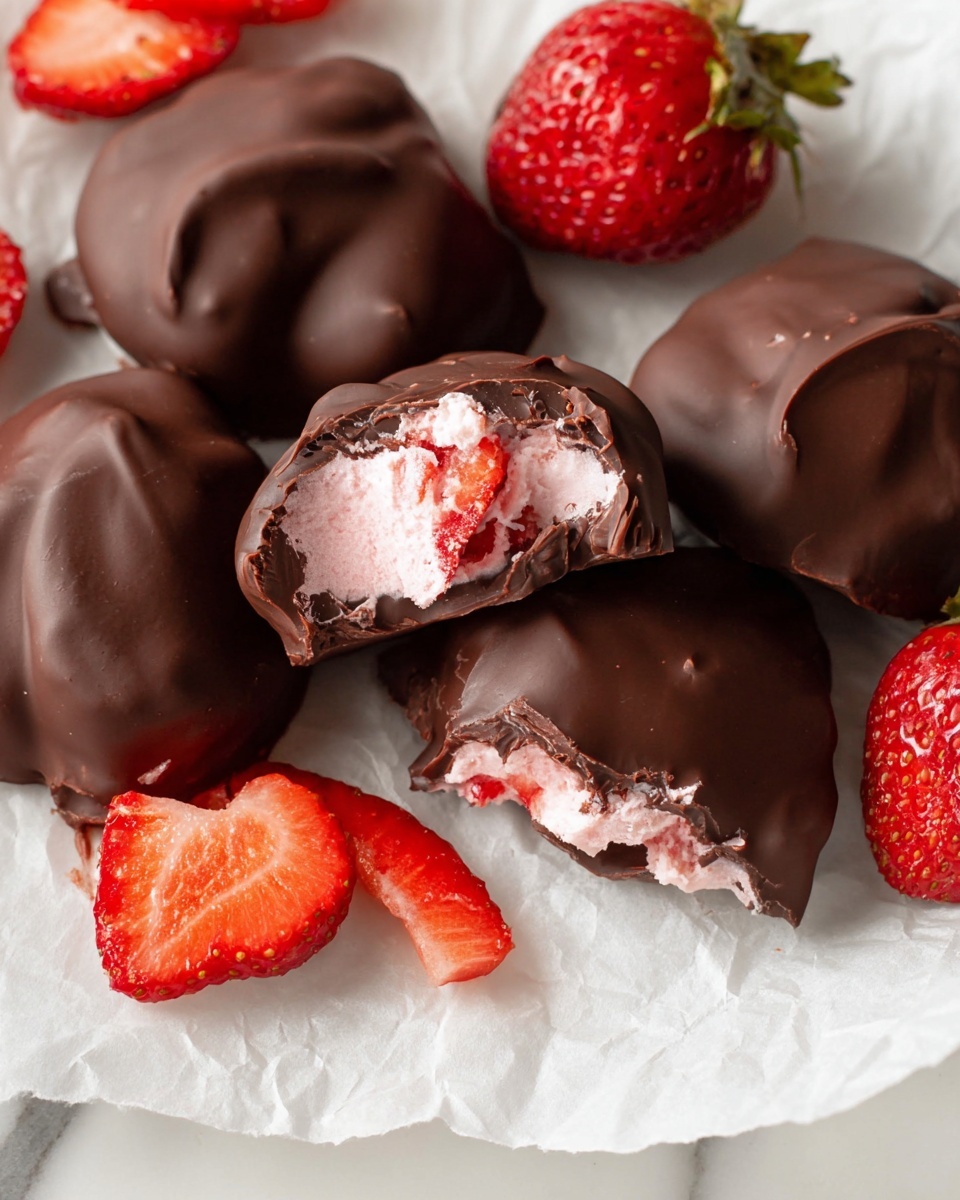 The image shows several chocolate-covered treats placed on white parchment paper on a white marbled surface. Each treat has a thick, smooth dark brown chocolate outer layer that looks slightly uneven and handmade. Inside, there is a pinkish creamy filling with visible bits of bright red strawberry, giving a soft and creamy texture contrast. Around the treats are fresh red strawberries, some whole with green leaves, others cut in halves or small pieces. The vibrant red color of the strawberries adds a fresh and juicy detail next to the rich chocolate treats. photo taken with an iphone --ar 4:5 --v 7