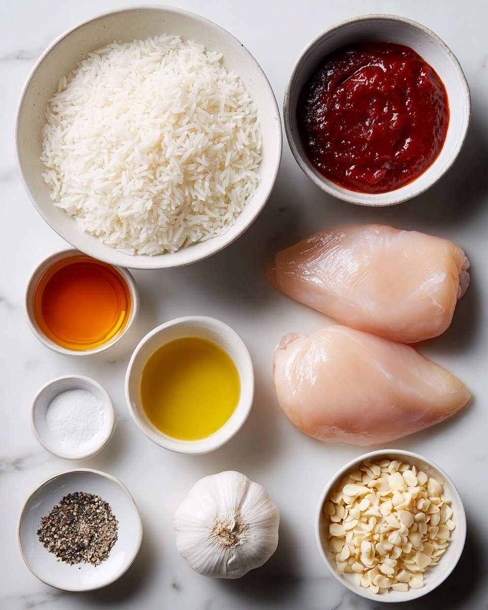 The image shows several ingredients arranged neatly on a white marbled surface. On the right side, there are three pieces of raw chicken meat, smooth and pale pink. To the left, a large white bowl is filled with cooked white rice that looks fluffy. Above the rice, a small bowl contains dark red sauce with a thick texture. Next to it, another small bowl holds golden yellow oil, and above it is a small bowl with a deeper amber liquid. At the center bottom, a small bowl has white salt, with an even smaller bowl below it that holds black and white pepper mix. A whole garlic bulb sits near the center, and another bowl below the red sauce contains finely chopped nuts or garlic pieces that are off-white. All these items are spaced evenly, highlighting their colors and textures clearly. Photo taken with an iphone --ar 4:5 --v 7