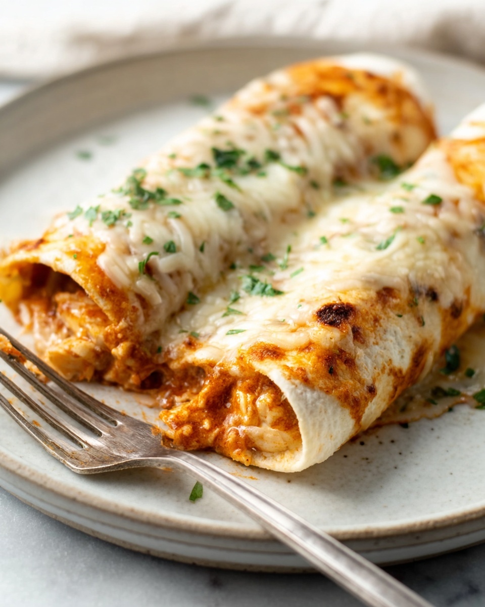 The image shows a white rectangular baking dish filled with three large rolled tortillas placed side by side. Each tortilla is wrapped tightly around shredded cooked chicken mixed with a light creamy sauce. The tortillas are topped with a thick layer of melted cheese that is golden brown and bubbly, with some darker browned spots, giving a crunchy texture on top. The creamy sauce is visible underneath the tortillas, spreading slightly at the edges of the dish. The dish sits on a white marbled surface with soft natural light coming from nearby windows. Photo taken with an iphone --ar 4:5 --v 7
