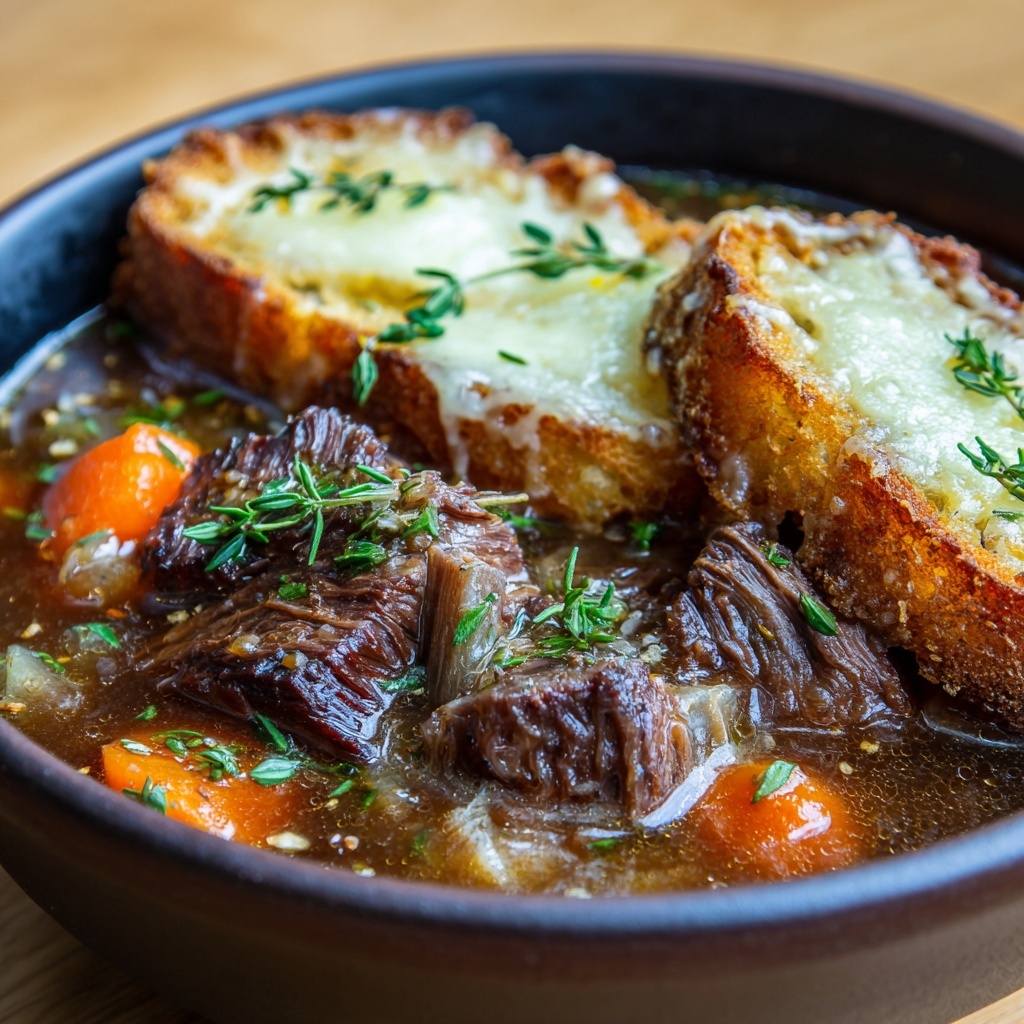 The dish shows two thick layers: the first layer is a dark brown cooked meat with a juicy, shiny texture sitting in a pool of rich brown sauce, the second layer is melted creamy white cheese with golden brown spots and bits of green herbs sprinkled on top. Behind the meat and cheese, there are two slices of toasted bread with a golden-brown color and visible texture. All items are served in a white bowl placed on a white marbled surface. Photo taken with an iphone --ar 4:5 --v 7