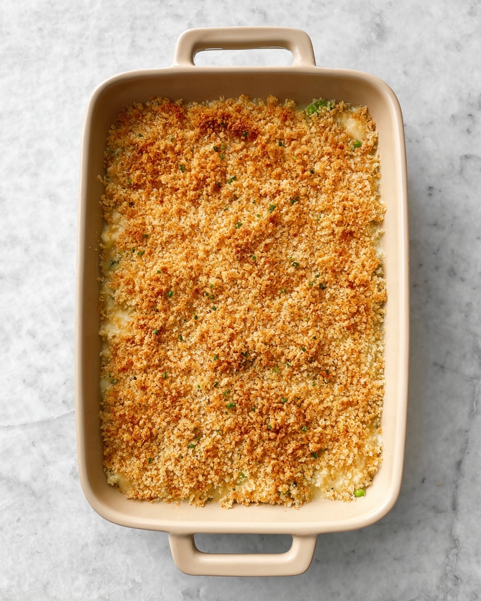 A rectangular beige baking dish with two handles holds a layered casserole. The top layer is a thick, even covering of golden-brown breadcrumbs that look crunchy and textured. Underneath, small hints of a creamy mixture and bits of green are visible at the edges. The dish is placed on a white marbled surface. photo taken with an iphone --ar 4:5 --v 7