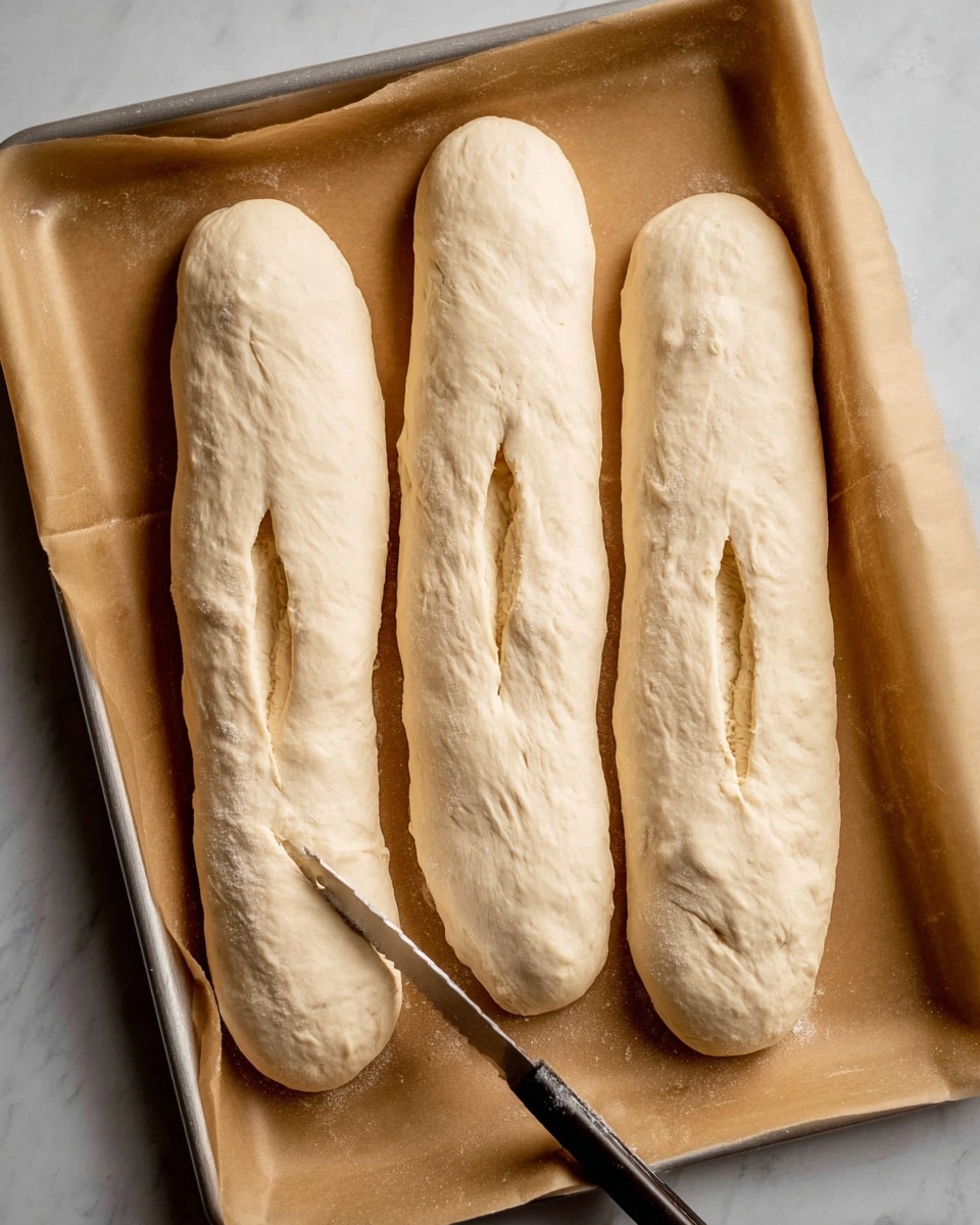 The image shows three long, pale dough loaves placed side by side on a tray lined with brown parchment paper. Each loaf has a soft texture with three shallow slits cut across the top surface, revealing a slightly darker interior. The dough looks smooth but uneven in places, suggesting it is about to be baked. The tray rests on a white marbled surface, and a small tool is gently pressing one of the slits on the loaf closest to the bottom of the frame. photo taken with an iphone --ar 4:5 --v 7