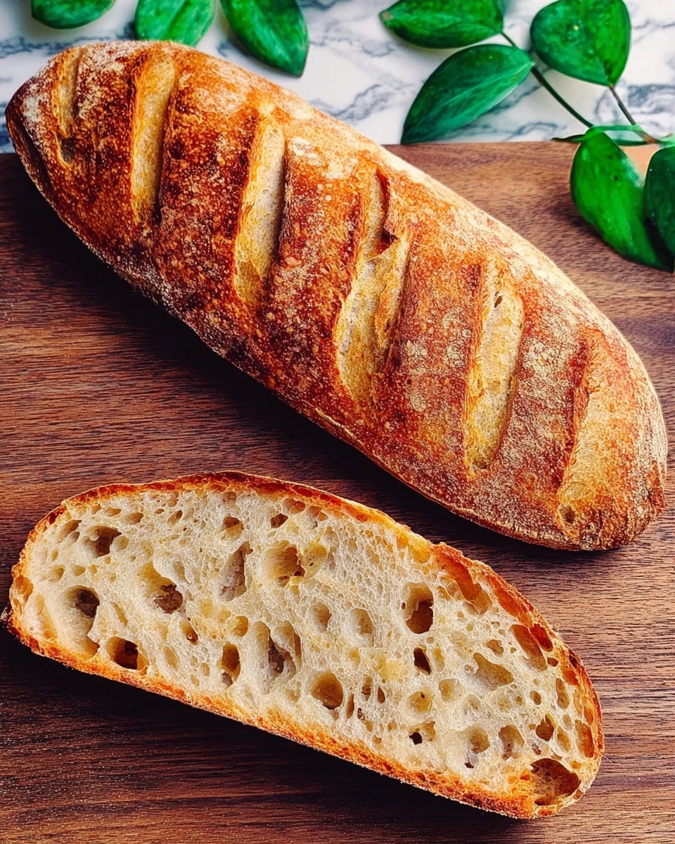 The image shows a long loaf of bread with a golden-brown crust and five diagonal slashes on top, resting on a wooden surface. Below the loaf, there is a slice of the bread lying flat, revealing an airy inside with many holes of different sizes and a slightly toasted edge. Green leaves lie along the top edge of the image. The background is changed to a white marbled texture photo taken with an iphone --ar 4:5 --v 7