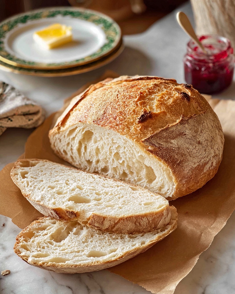 A rustic round loaf of bread with a golden-brown, crunchy crust sits on a piece of brown parchment paper on a white marbled surface. The loaf is partially sliced, revealing two thick slices of soft, light cream-colored bread with a slightly airy texture and a few small holes inside. The crust is rough and textured with some darker toasted spots, giving it a homemade look. In the background, there are stacked white plates with green and gold trim, a small round dish with yellow butter, and a glass jar of red jam. photo taken with an iphone --ar 4:5 --v 7