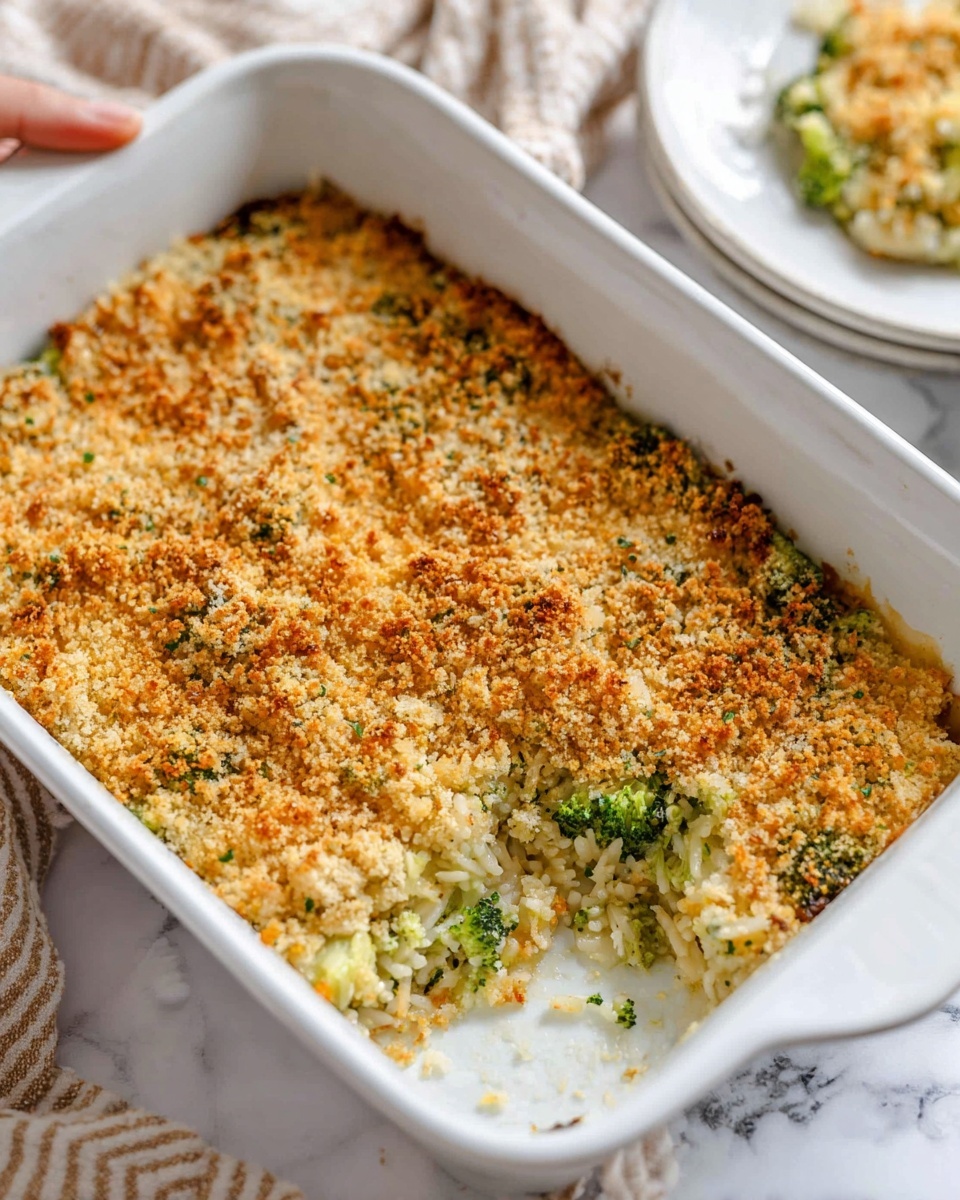 A white rectangular baking dish filled with a broccoli rice casserole is shown on a white marbled surface. The casserole has two visible layers: the bottom layer is a mix of cooked white rice and small broccoli pieces, showing a soft texture with light green and off-white colors, while the top layer is a golden brown and crunchy breadcrumb crust evenly spread, with some darker toasted spots adding texture. One portion has been removed from the front right corner, revealing the inside layers clearly. In the background, a woman’s hand is holding a white plate with a scoop of the casserole. The scene has a cozy and homemade feel. photo taken with an iphone --ar 4:5 --v 7