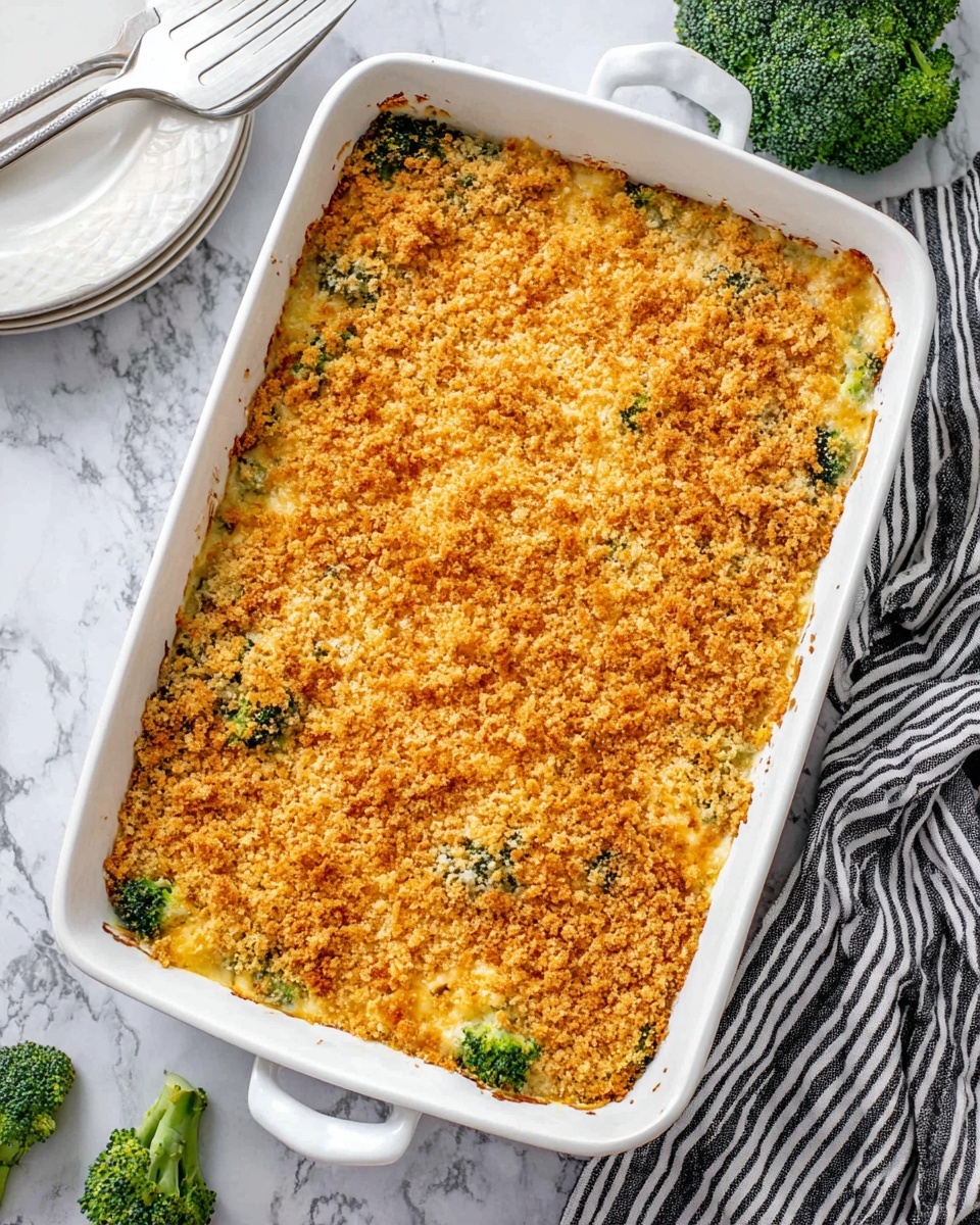 A white rectangular baking dish holds a baked casserole with one thick top layer of golden brown crunchy breadcrumbs mixed with melted cheese. Small bits of green broccoli peek through the crisp topping layer. The casserole dish is placed on a white marbled surface next to a striped black and white cloth and some fresh broccoli florets, with a white plate and metal spatula nearby. Photo taken with an iphone --ar 4:5 --v 7