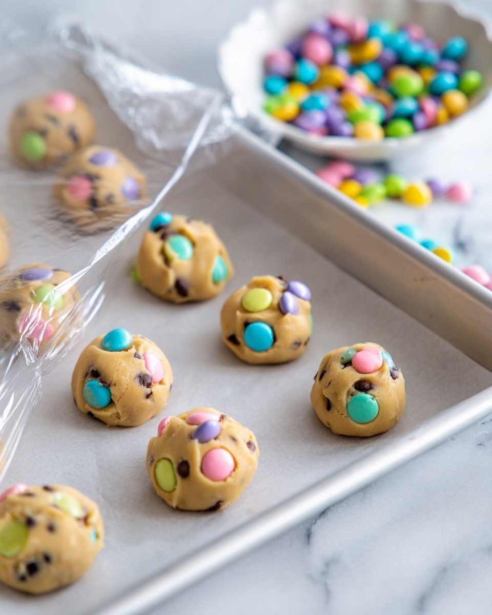 A white baking tray lined with parchment paper holds 11 small, round cookie dough balls. Each dough ball is light brown with small dark chocolate chips mixed inside and topped with colorful candy pieces in pastel shades of pink, yellow, green, blue, and purple. A clear plastic wrap is partially covering the dough balls on the left side. In the blurry background on the right side, there is a white bowl filled with the same colorful candies scattered around. The scene is set on a white marbled surface. Photo taken with an iphone --ar 4:5 --v 7