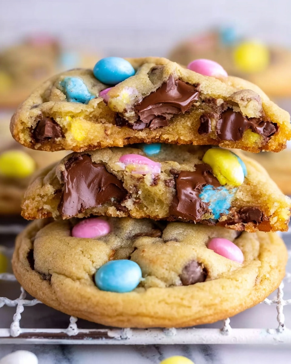 The image shows three thick chocolate chip cookies stacked on top of each other on a white wire rack, placed on a white marbled surface. The bottom cookie is whole, golden brown with smooth texture, and dotted with shiny dark chocolate chips and pastel-colored candy pieces in blue, pink, and yellow. The middle cookie is broken in half, revealing a soft, gooey inside filled with melted dark chocolate chunks and candy pieces matching the bottom cookie. The top cookie layer is another broken piece resting on the middle one, showing a slightly crumbly texture with chocolate chips and colorful candy. The focus is close, highlighting the warm, sweet look of the cookies and their textures. Photo taken with an iphone --ar 4:5 --v 7