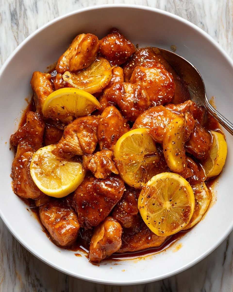 A white bowl holds many pieces of raw chicken coated in a shiny, reddish-brown sauce mixed with visible spices. Among the chicken pieces are several lemon slices with bright yellow skin and translucent flesh that catch the light. The chicken looks moist and thickly covered in sauce, with the bowl resting on a white marbled surface. A silver spoon is partly visible, tucked into the bowl's side photo taken with an iphone --ar 4:5 --v 7
