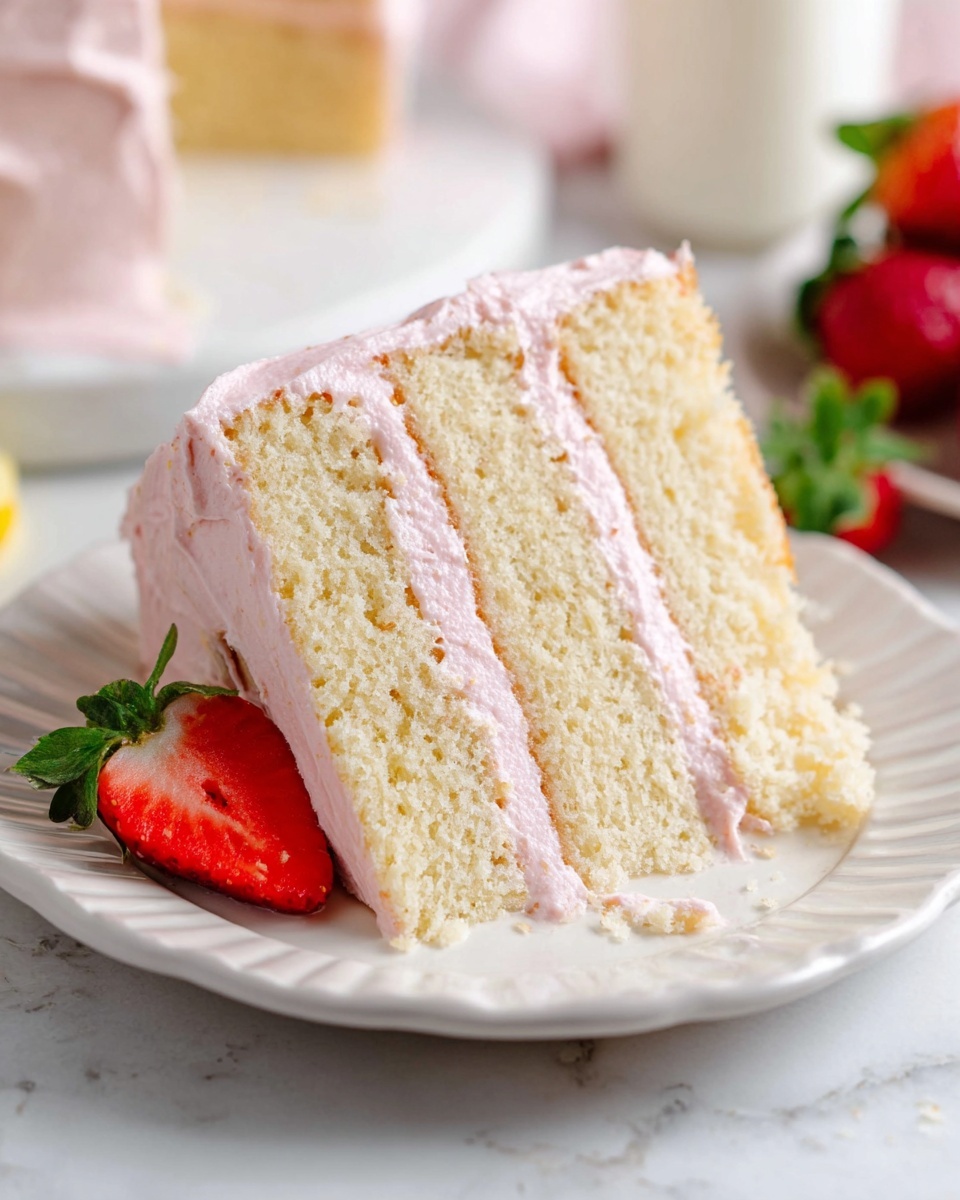 A slice of three-layer pale yellow cake sits on a white plate with gentle scalloped edges. Each layer of the cake is separated by a thin layer of light pink frosting and the cake is also topped with the same pink frosting. On the left side of the cake slice, a fresh strawberry cut in half is placed, showing its red inside and green leaves. The plate rests on a white marbled surface, and blurred strawberries and a glass of milk are softly visible in the background. Photo taken with an iphone --ar 4:5 --v 7