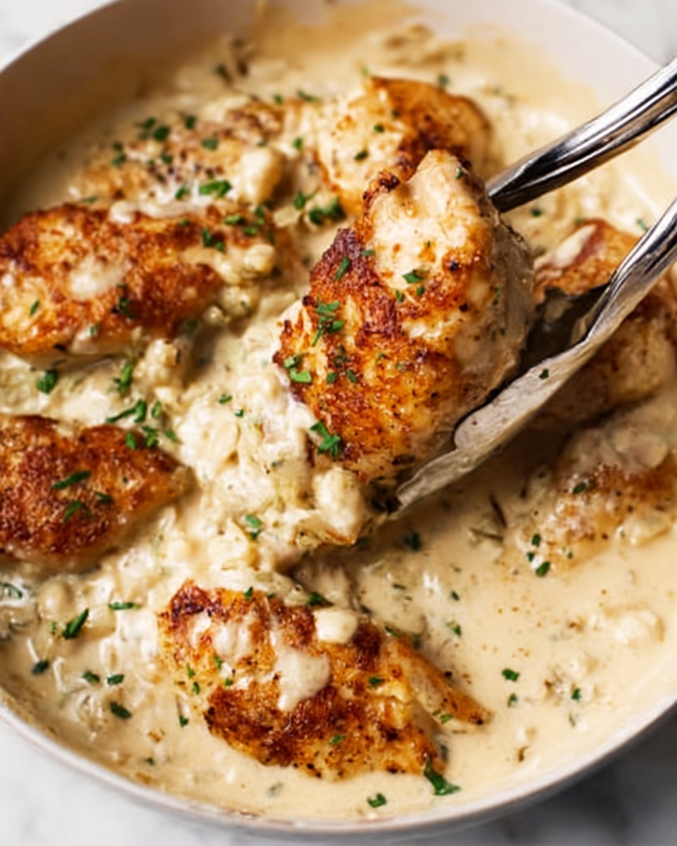 The image shows a close-up of a creamy dish in a white bowl placed on a white marbled surface. The dish has several pieces of golden-brown cooked chicken on top, each piece textured with a crispy crust and garnished with small green herbs. The creamy base underneath is smooth and light beige, filling the bowl around the chicken. A pair of silver tongs is holding one piece of chicken, adding a metallic contrast to the warm colors of the food. The photo is bright and clear, showing the soft texture of the sauce and the crispiness of the chicken’s surface. photo taken with an iphone --ar 4:5 --v 7