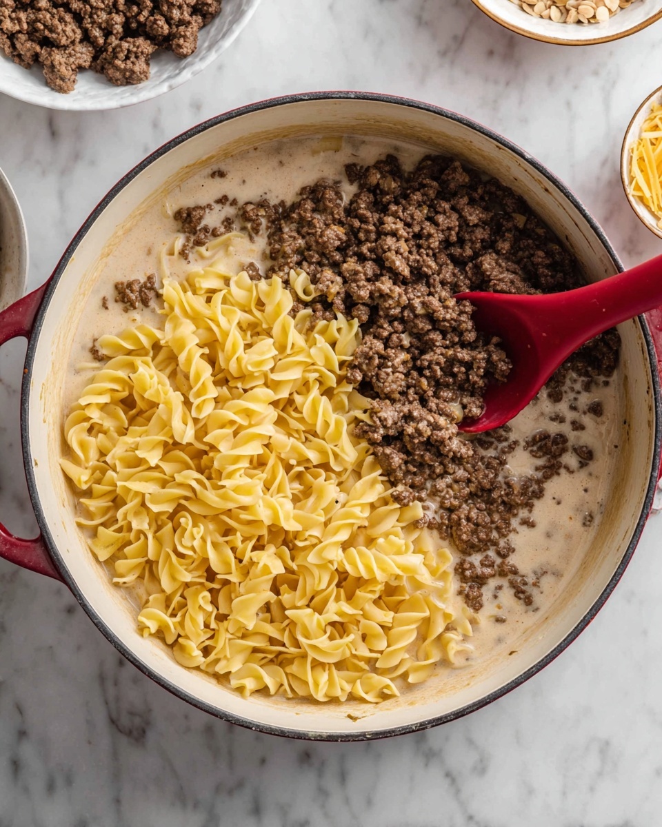The image shows a white pot filled with a creamy light brown sauce covering the bottom layer. On top of the sauce are two distinct layers: one side has cooked ground beef in dark brown color with a crumbly texture, and the other side has cooked yellow egg noodles with a wavy texture. A red spoon is placed inside the pot, partially covered by the noodles and beef. The pot is placed on a white marbled surface with small bowls holding other ingredients visible around it. photo taken with an iphone --ar 4:5 --v 7