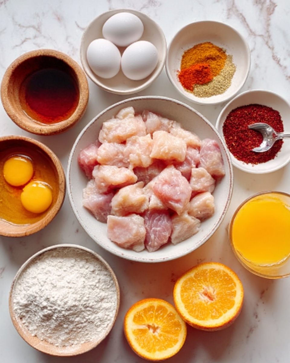 The image shows a white bowl filled with raw, pale pink chicken pieces in the center on a white marbled surface. Surrounding it are small white bowls with different ingredients: on the top left, three white eggs; to the right, a small bowl of bright reddish-brown seasoning; next to that, a bowl filled with a mix of deep red spices. On the left side, there is a wooden bowl holding a dark liquid, and beside it, another wooden bowl with three cracked eggs showing bright yellow yolks in clear egg whites. Below and slightly to the right is a white bowl filled with white flour with a spoon inside. On the far right, there is a glass of orange juice next to a halved orange with bright orange flesh and peel. The overall colors range from pale pink, white, orange, yellow, and deep red. photo taken with an iphone --ar 4:5 --v 7