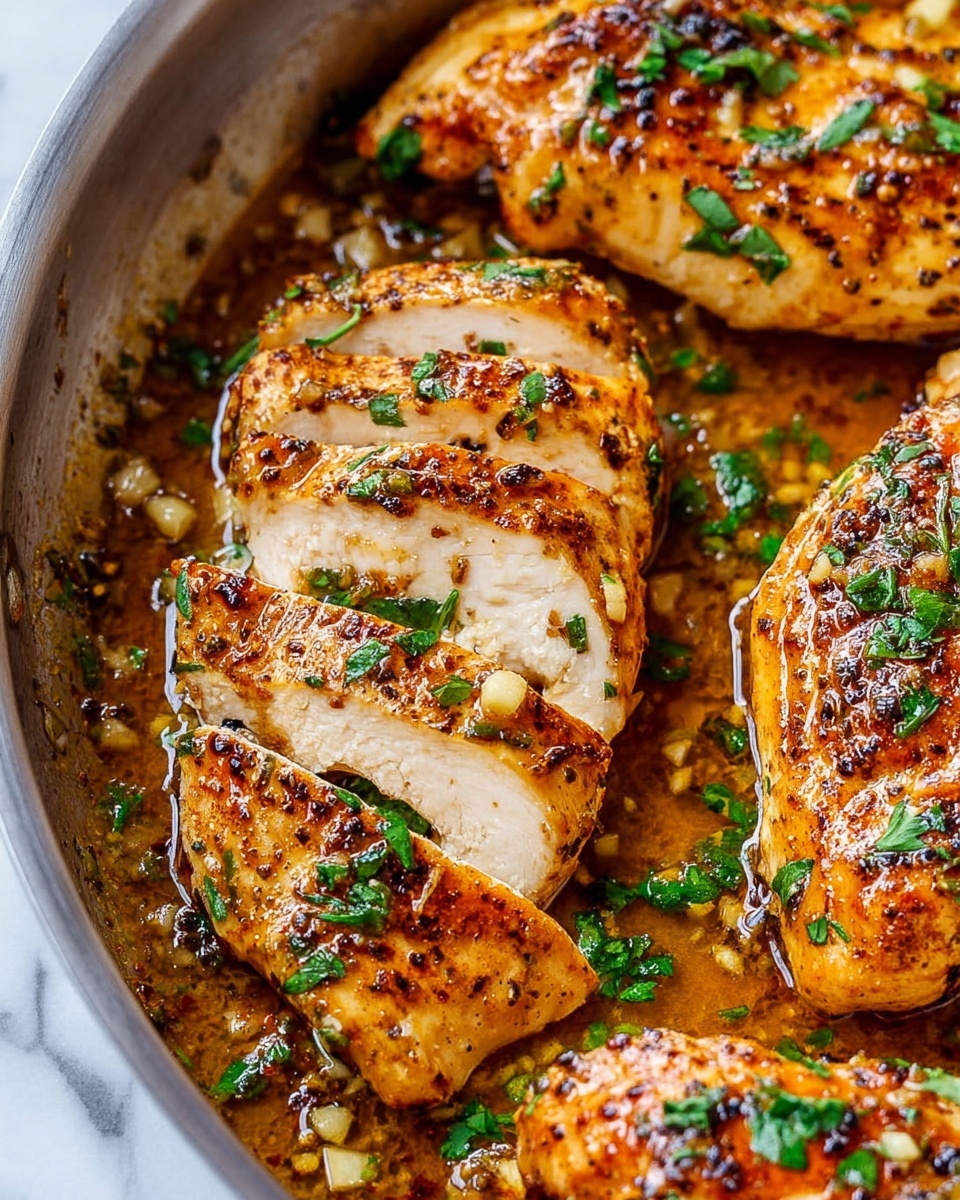 The image shows several cooked chicken breasts in a pan covered with a golden brown sauce. One chicken piece is sliced into thick pieces, revealing a moist, white inside. The surface of the chicken is browned with small bits of garlic and black pepper, and sprinkled with fresh green herbs. The sauce is glossy and pooled around the chicken, with visible small chunks of garlic and herbs mixed in. The pan edges are visible, and the background is a white marbled surface. photo taken with an iphone --ar 4:5 --v 7