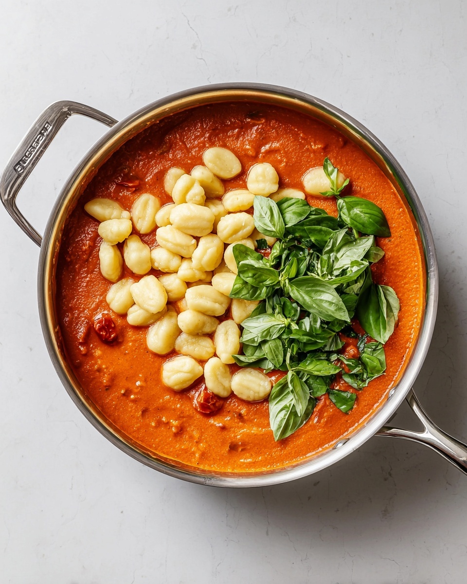 A round stainless steel pan with two handles holds a dish with three layers. The bottom layer is a thick, smooth, bright orange-red tomato sauce with small pieces of cooked tomato visible. On top of this sauce, there is a pile of pale yellow, soft gnocchi pieces spread over the center. Fresh, vibrant green basil leaves are scattered on the right side over the gnocchi and sauce. The pan is set on a white marbled surface. Photo taken with an iphone --ar 4:5 --v 7