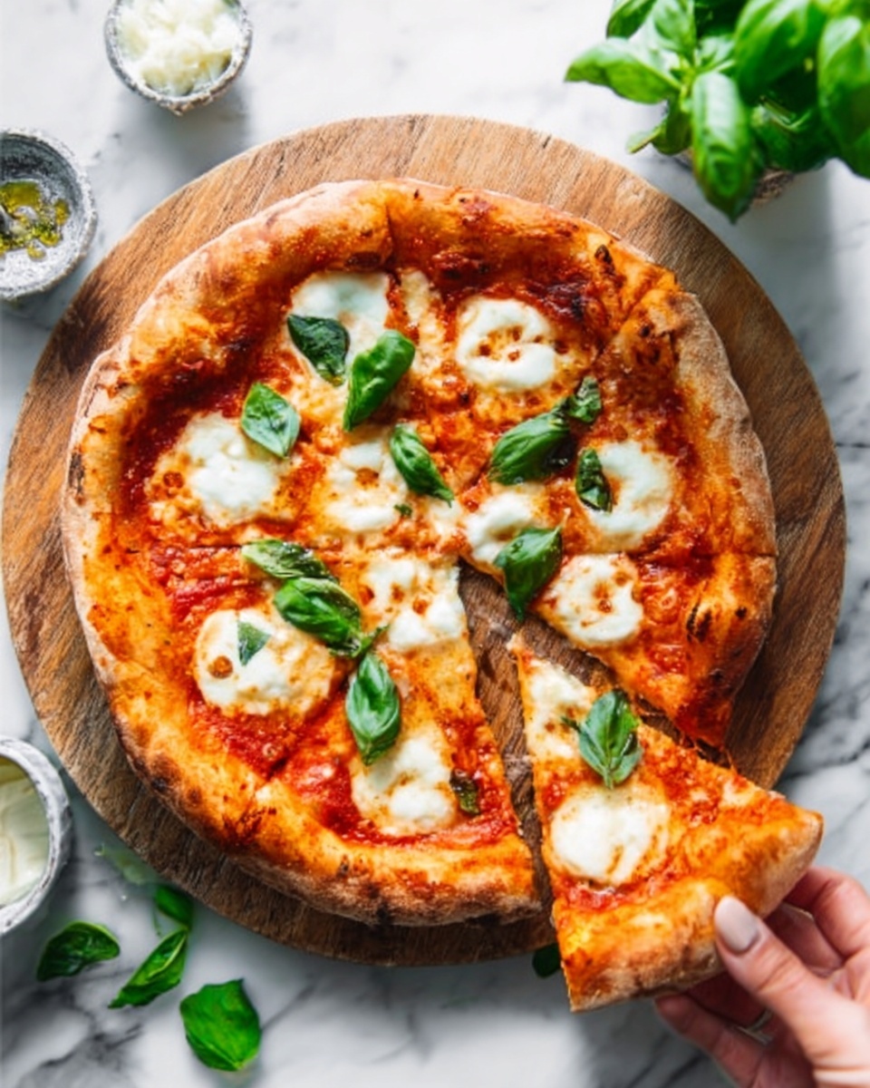 A round pizza with a golden brown crust sits on a wooden board over a white marbled surface. The pizza has a base layer of red tomato sauce, topped with melted white cheese blobs spread unevenly, and fresh green basil leaves scattered on top. One slice is being lifted by a woman's hand, showing the soft, slightly bubbly texture of the cheese. Around the board, some small bowls with white sauce and other green basil leaves are visible. The whole scene looks fresh and colorful, with natural light highlighting the textures. photo taken with an iphone --ar 4:5 --v 7