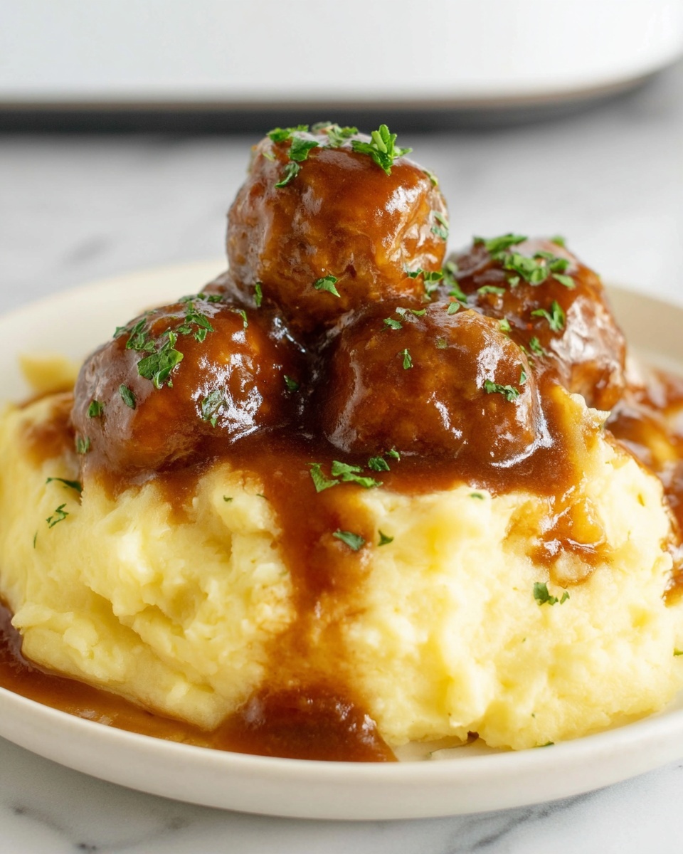 Slow Cooker Salisbury Steak Meatballs Recipe 5 This image shows a close-up of a white plate with two layers of food. The bottom layer is a thick, creamy mound of light yellow mashed potatoes with a smooth but slightly fluffy texture. On top, there are four round meatballs covered in a rich, glossy brown sauce that drips slightly onto the mashed potatoes. Small green bits of chopped herbs are sprinkled over the meatballs and sauce, adding a touch of color. The background has a soft white marbled texture. photo taken with an iphone --ar 4:5 --v 7