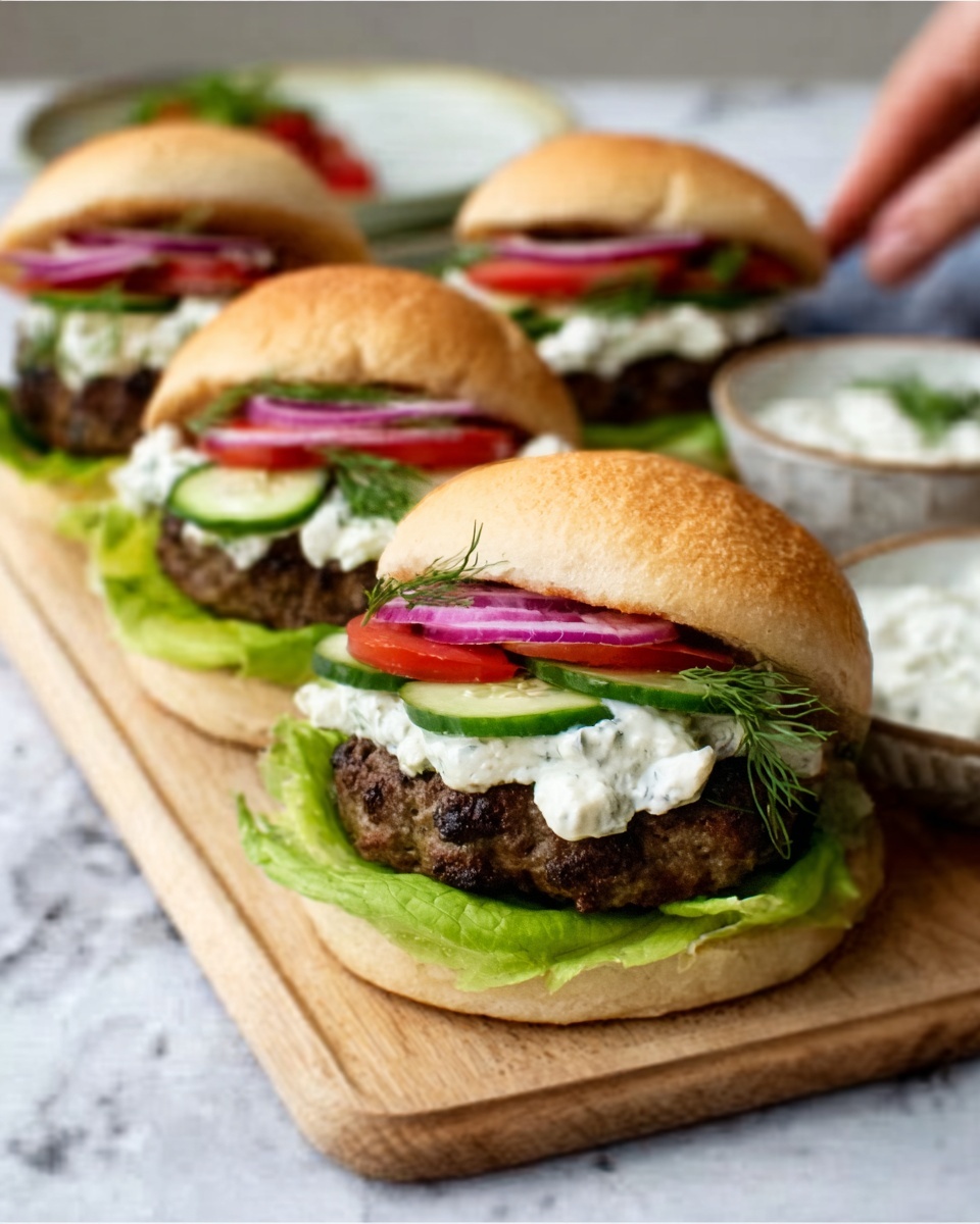 The image shows three burgers placed on a light wooden board over a white marbled surface. Each burger has a soft bun on top and bottom. The bottom bun holds a fresh green lettuce leaf, followed by a thick, juicy brown meat patty. On top of the patty is a generous layer of white creamy sauce with small bits visible, then slices of bright red tomato and green cucumber, thin rings of purple onion, and fresh green dill sprigs. The top bun is slightly tilted to show the layers inside. A woman's hand is reaching toward one burger in the background. The overall look is fresh and colorful, with the ingredients clearly visible and neatly arranged. The background includes soft-focus plates and a small bowl with white sauce. Photo taken with an iphone --ar 4:5 --v 7