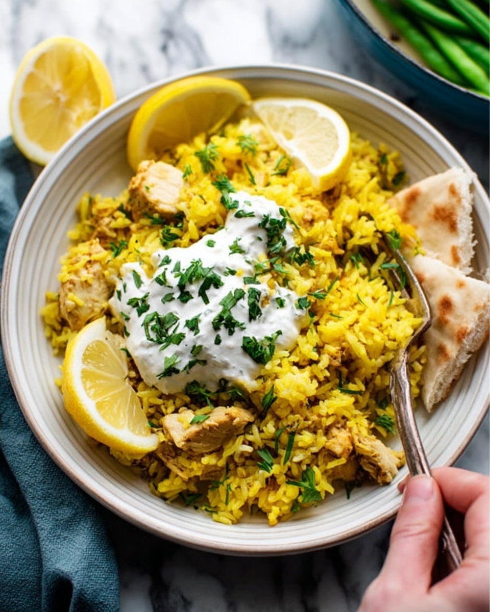 A white bowl filled with yellow rice mixed with pieces of cooked chicken, topped with a dollop of white yogurt sauce sprinkled with green herbs. On one side of the bowl, there are two lemon wedges and three folded pieces of soft flatbread resting against the edge. A silver fork is placed inside the bowl, with a woman's hand holding it. The bowl sits on a white marbled surface, with a blue-green pan and green beans blurred in the background. photo taken with an iphone --ar 4:5 --v 7